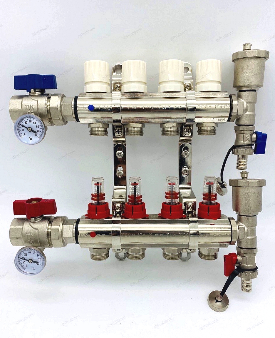 Изображение товара Коллекторная группа для теплого пола TIM KA004 с расходомерами латунь 1" 4 выхода