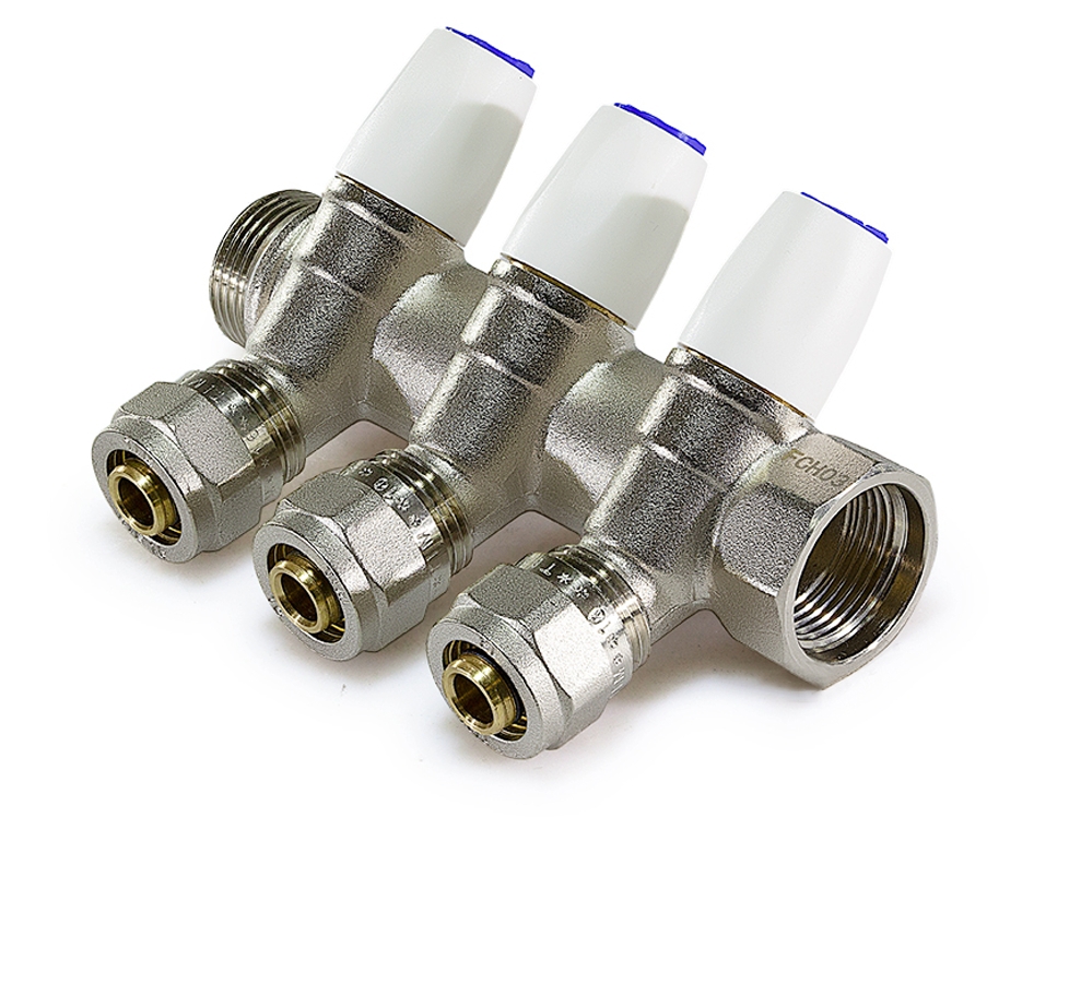 Изображение товара Коллектор распределительный TIM MR135N-1-C-3 с регулировочными вентилями и цангами 1" 3 отвода под трубу 16