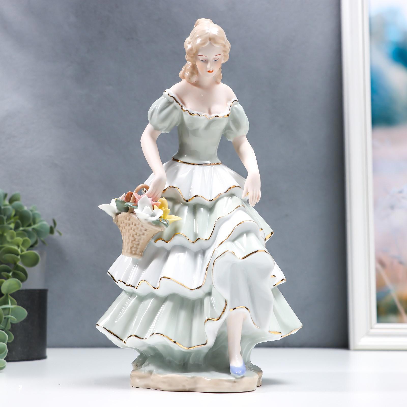 Изображение товара Декоративная фигура SIMALAND Крестьянка в зелёном платье с корзиной цветов 31x10,5x13,5 см