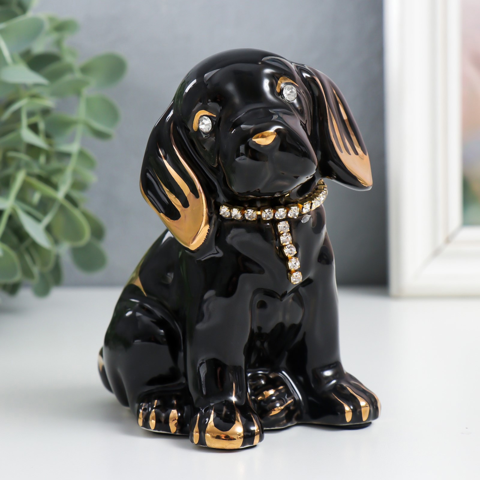 Изображение товара Сувенир интерьерный "Щенок в ошейнике" черный, со стразами, 11x11.5x7 см