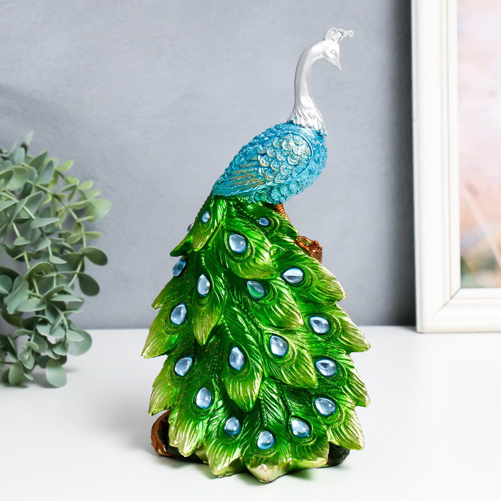 Изображение товара Сувенир интерьерный "Синий павлин с зелёным хвостом" 12.5x14x25 см