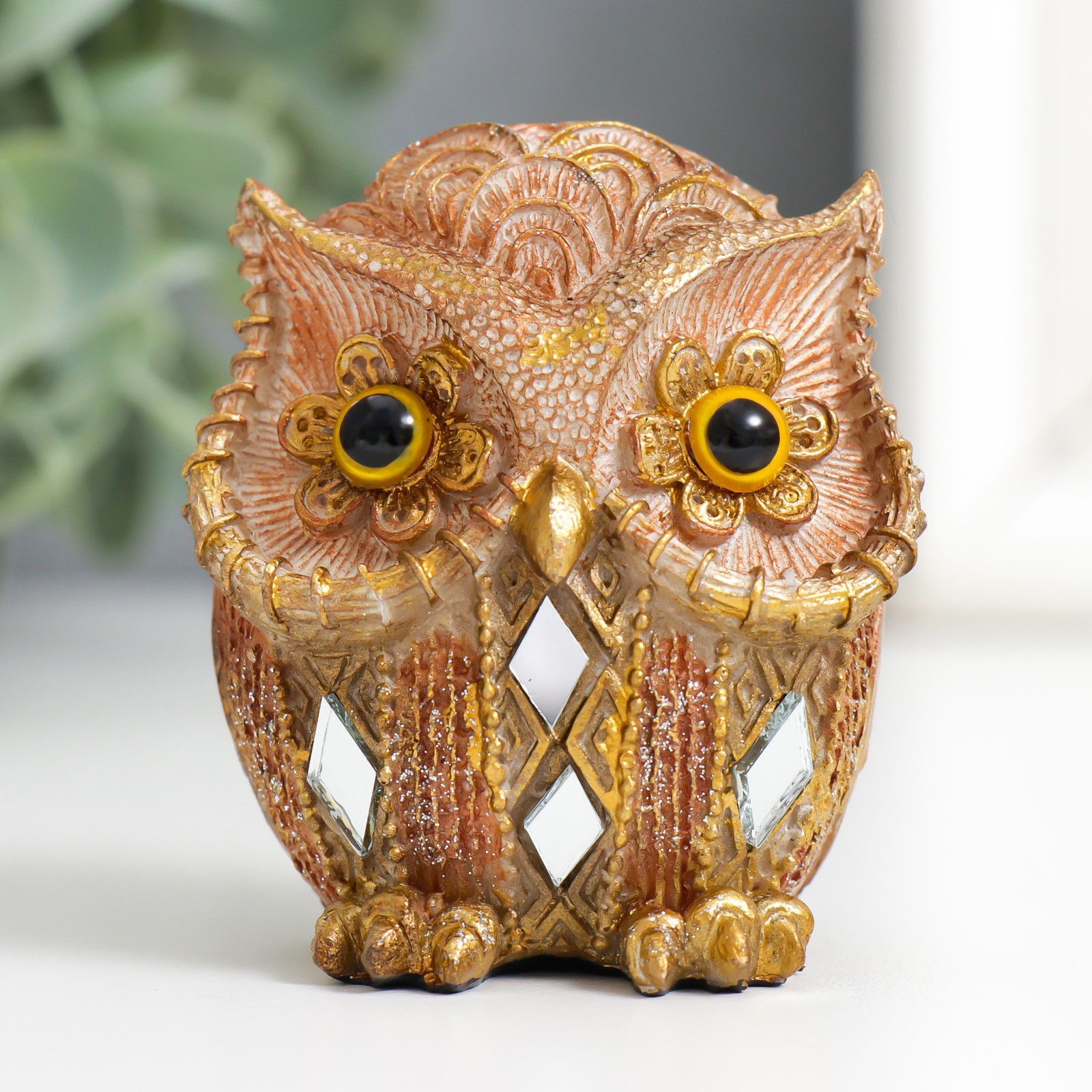 Изображение товара Совёнок в полосочку с зеркальными вставками — декоративная фигура 6,5×5,5×4,5 см