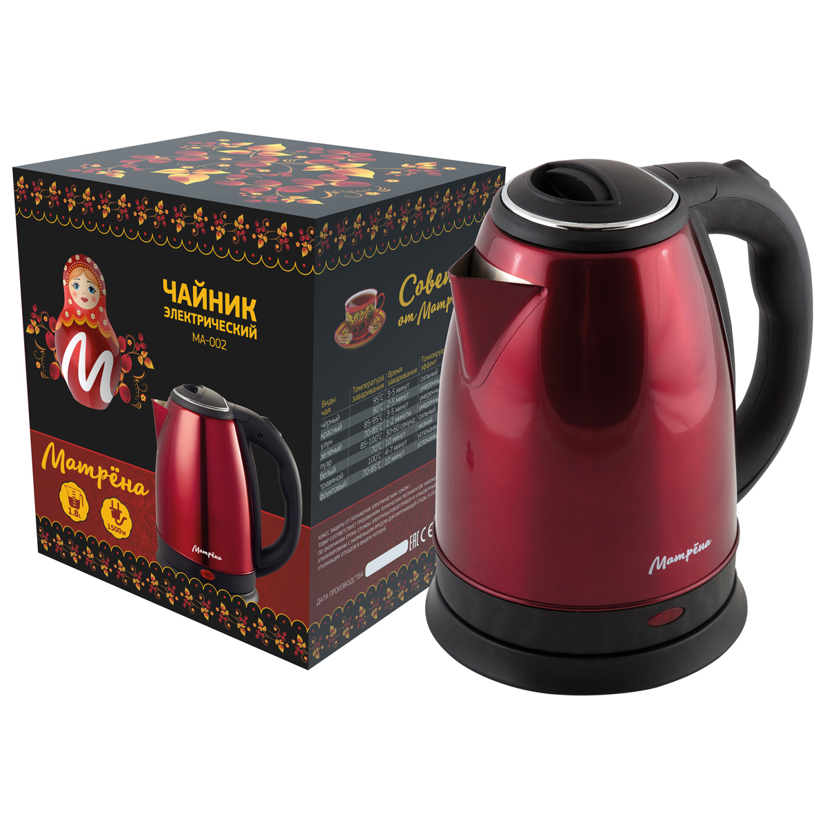Изображение товара Электрический чайник МАТРЁНА MA-002 1.8л нержавейка красный с подсветкой