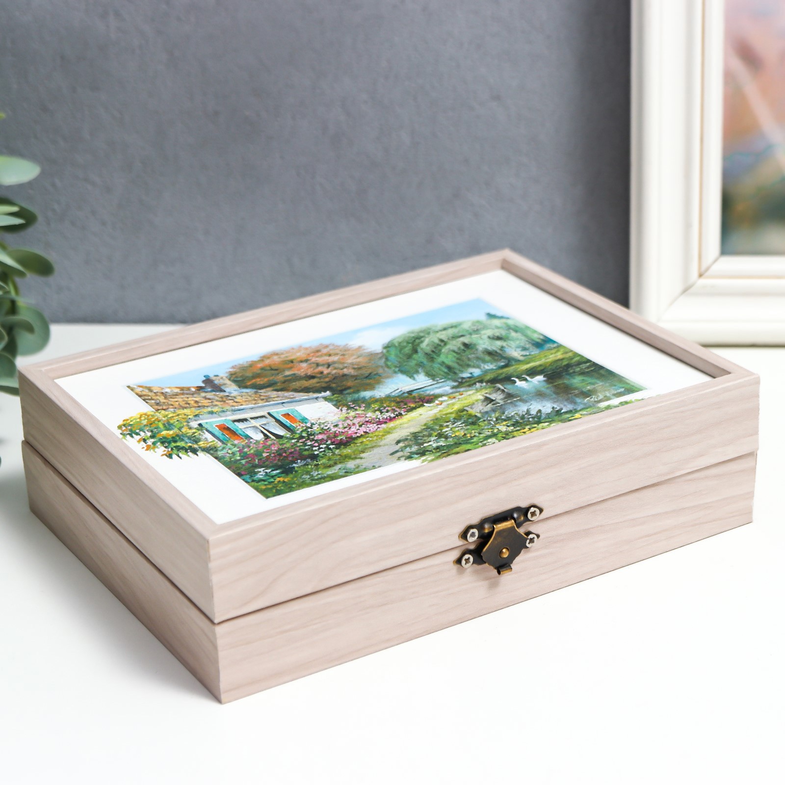 Изображение товара Шкатулка "Домики на берегу" 18.5x14 см молочный