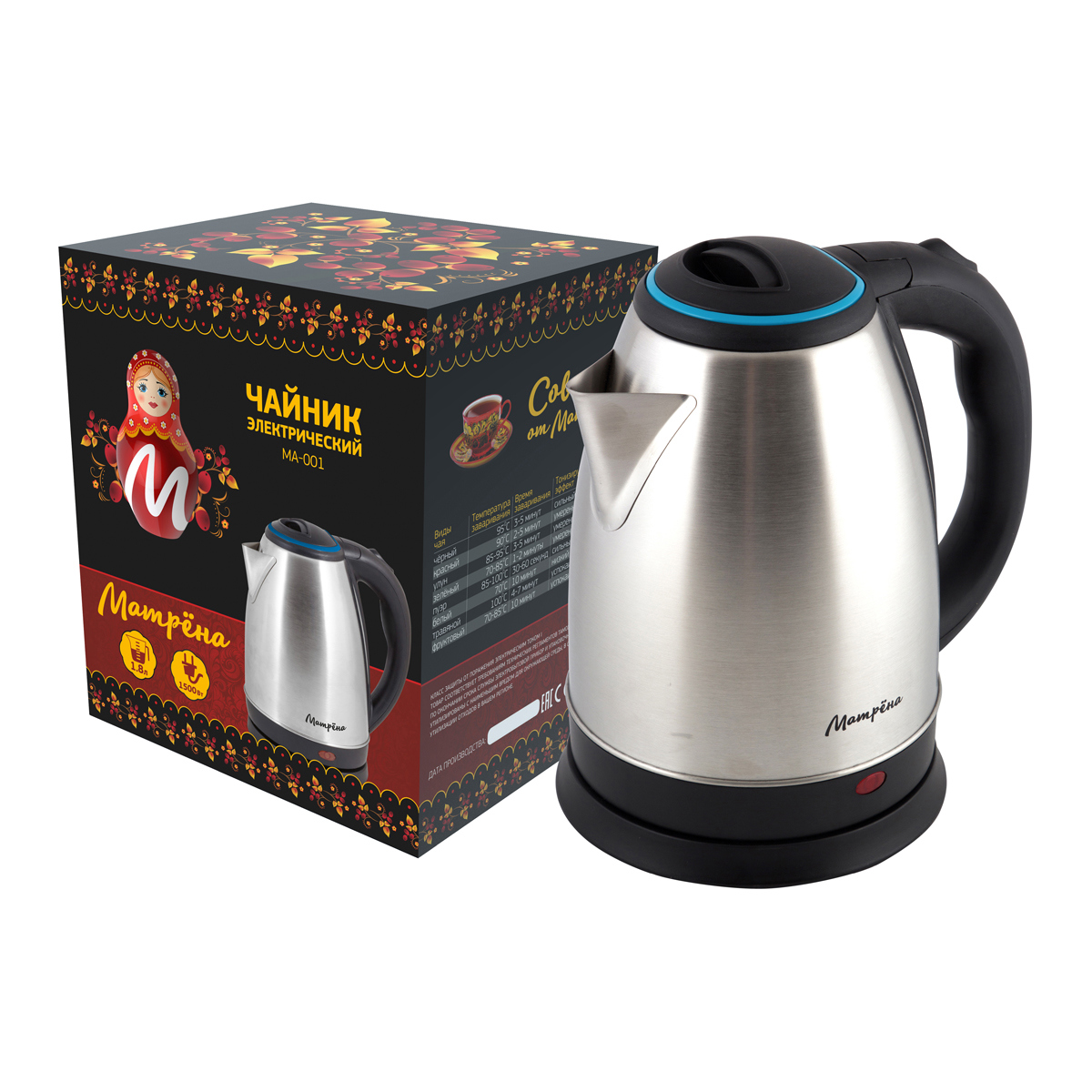 Изображение товара Электрический чайник Матрёна 215269 нержавеющая сталь 1.8л автоматическое выключение защита