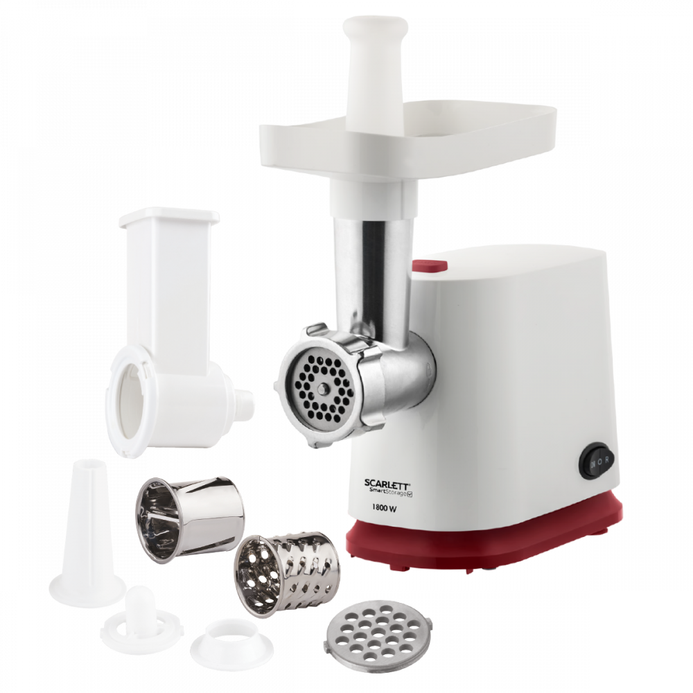 Изображение товара Электромясорубка Scarlett 1800 Вт белая с насадками для кеббе и шинковки