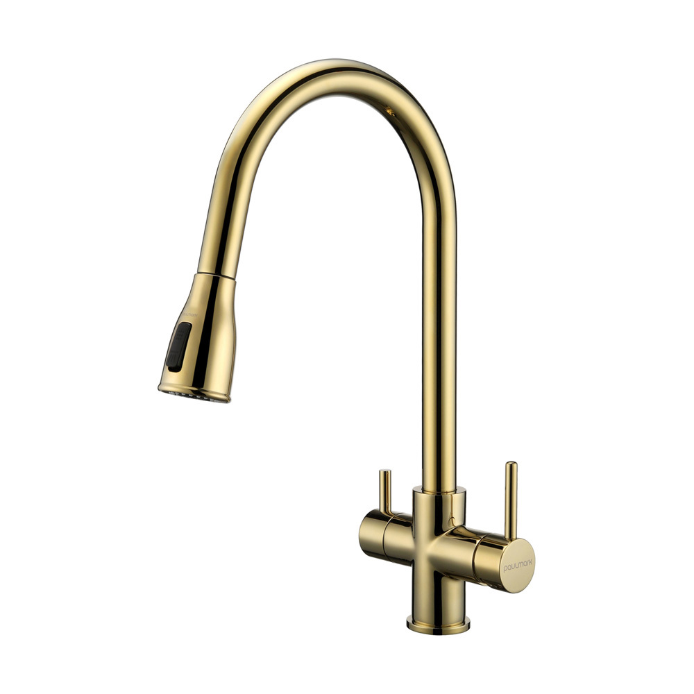 Изображение товара Однорычажный смеситель для кухни Paulmark La214212 с выдвижным изливом 21 см золото