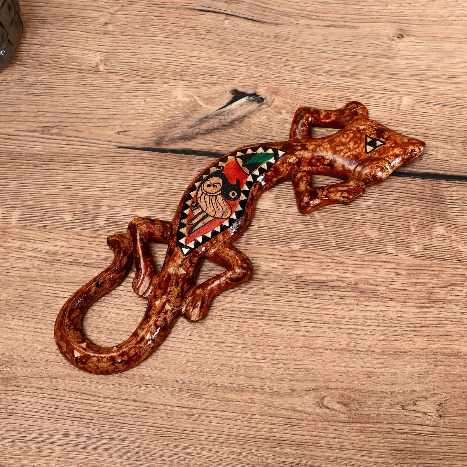 Изображение товара Панно настенное "Геккон. Ломбок стайл" с птичкой, 33x13x1.5 см