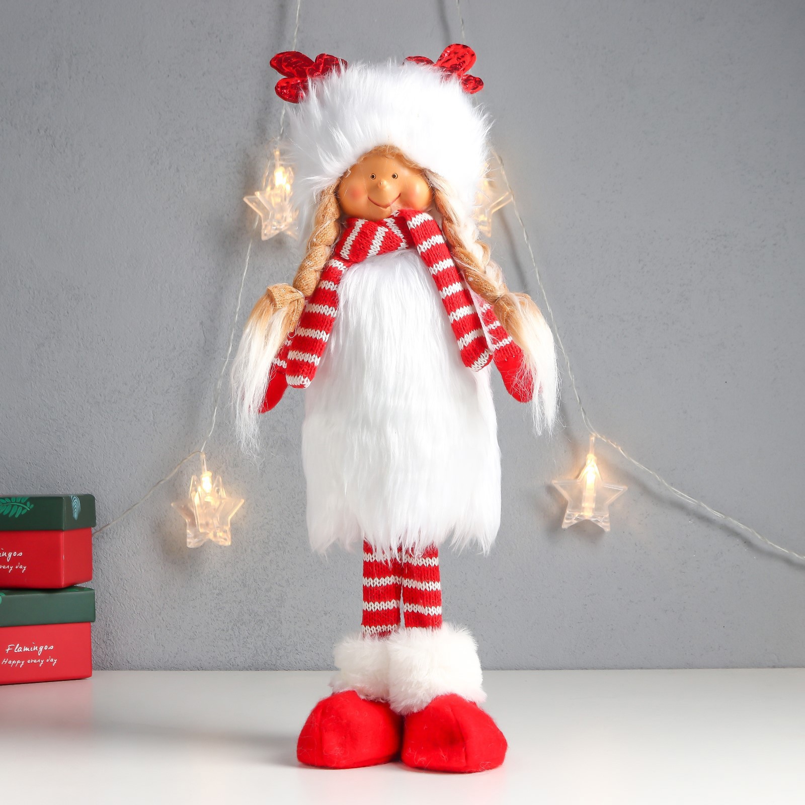 Изображение товара Кукла интерьерная "Девочка в шапке с рожками, бело-красный наряд" 41x16x9 см