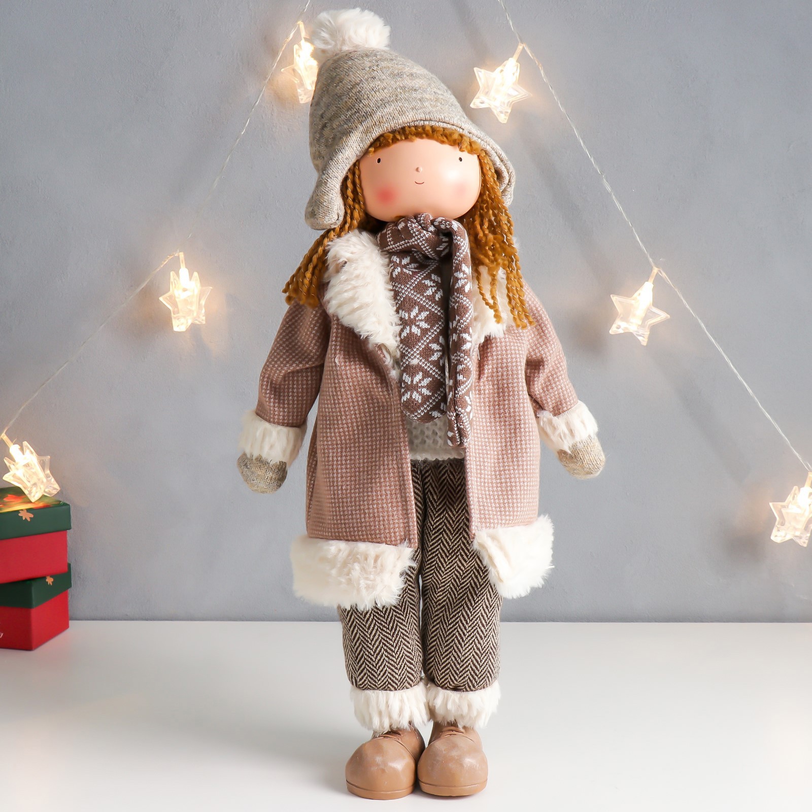 Изображение товара Кукла интерьерная SIMALAND Девочка с косичками в пальто с мехом