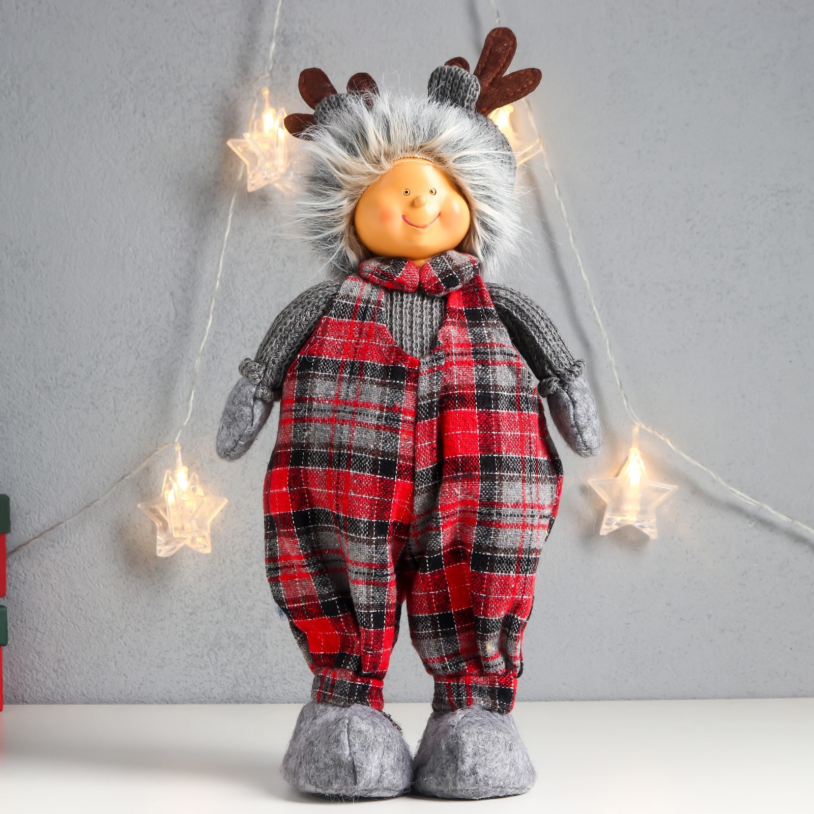 Изображение товара Кукла интерьерная "Мальчишка-пухляш в шапке с рожками, в комбинезоне в клетку" 38x21x11 см