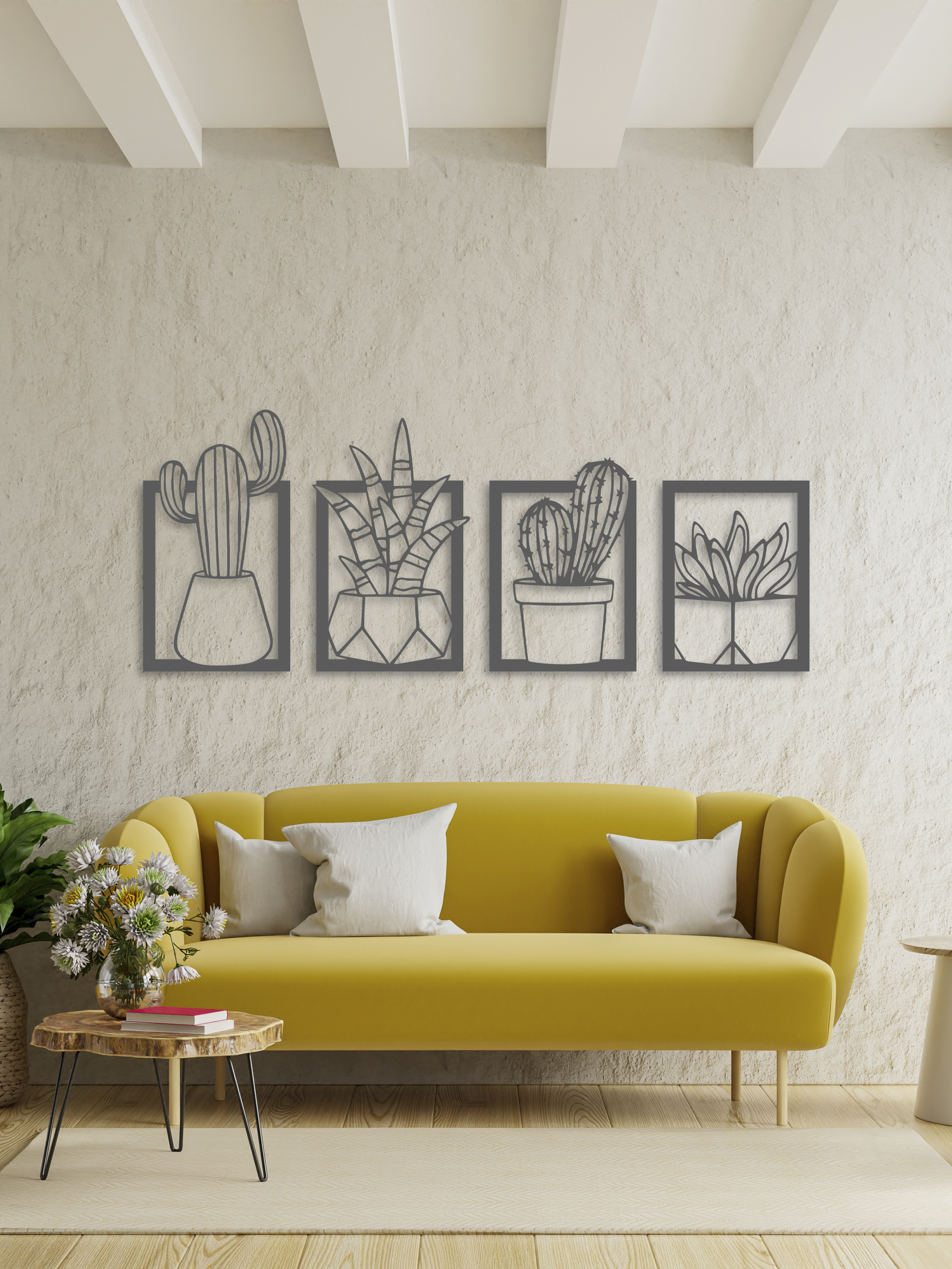 Изображение товара Декоративное деревянное панно ArtCore малое "Кактусы" цвет серый