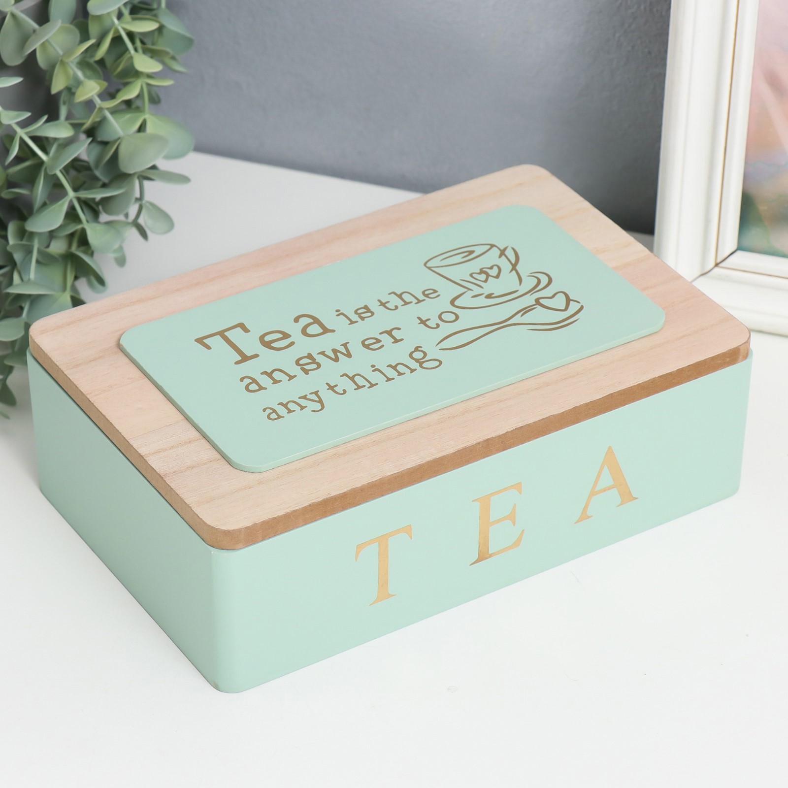 Изображение товара Шкатулка с делениями "Чайная" мятная с золотом 15x23x7 см