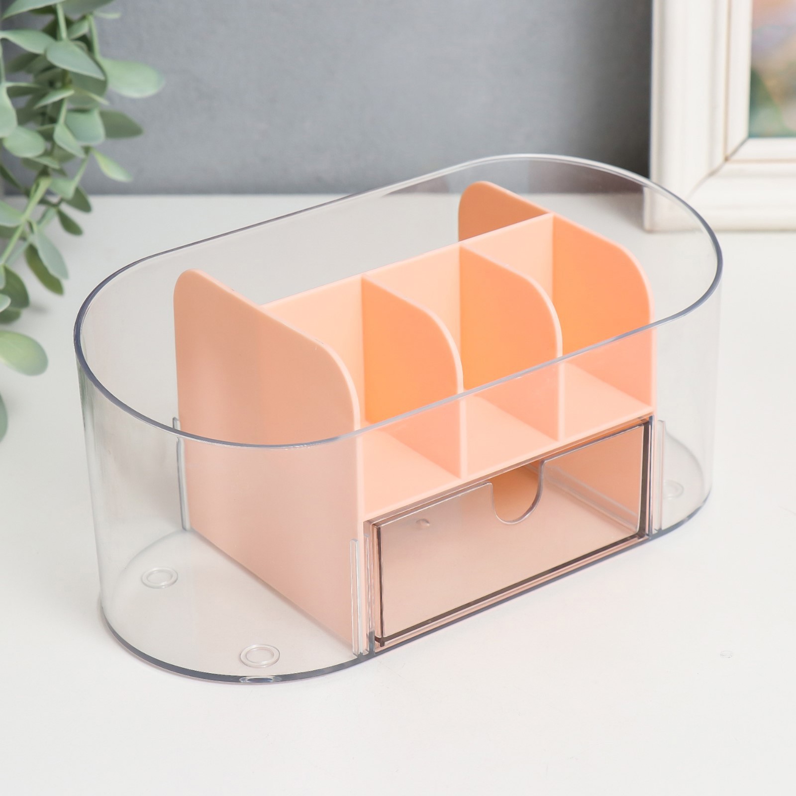 Изображение товара Шкатулка для косметики "Овальная с ящичком" розовая 8.5x19.5x9 см