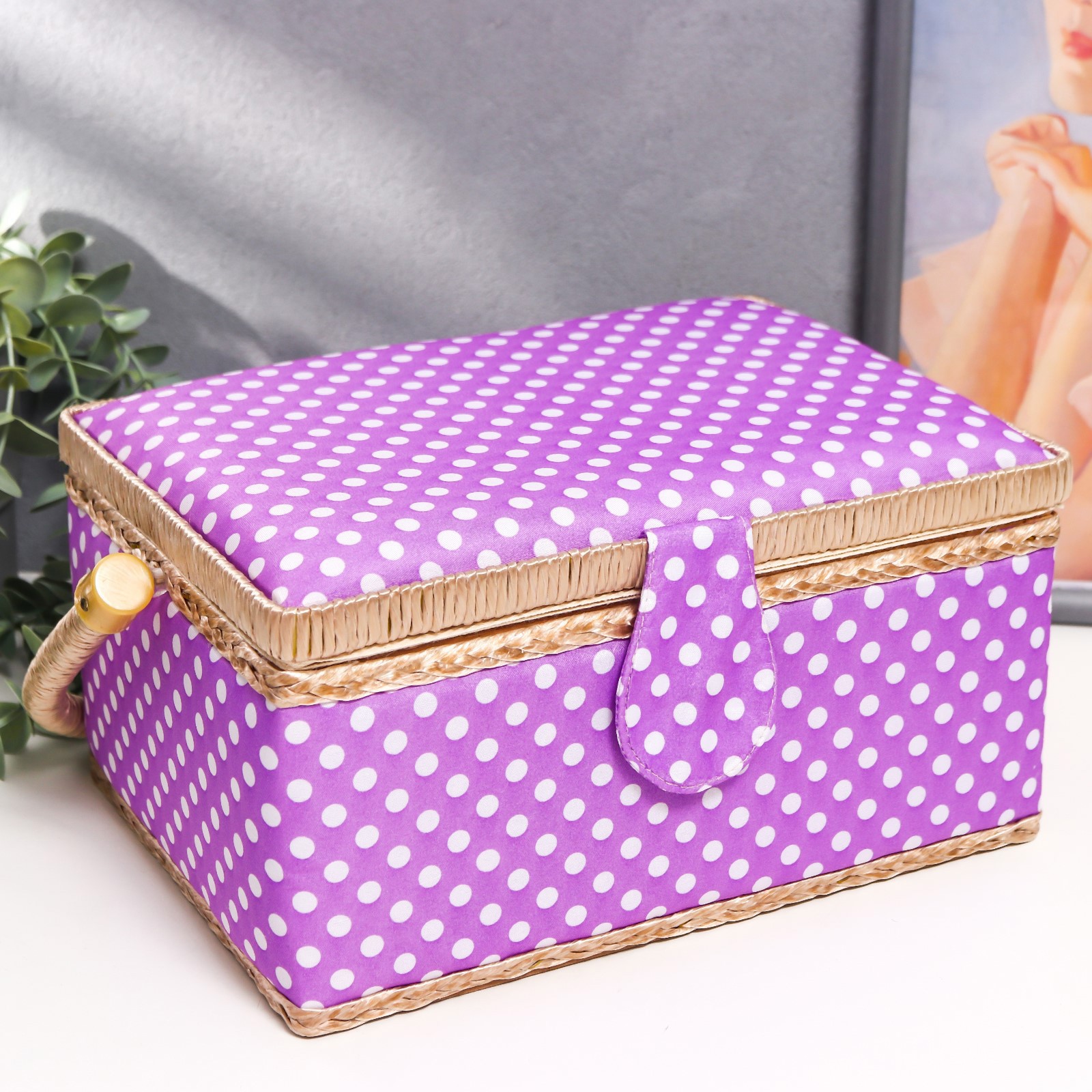 Изображение товара Шкатулка для рукоделия "Белый горох на сиреневом" 13x17.5x24 см