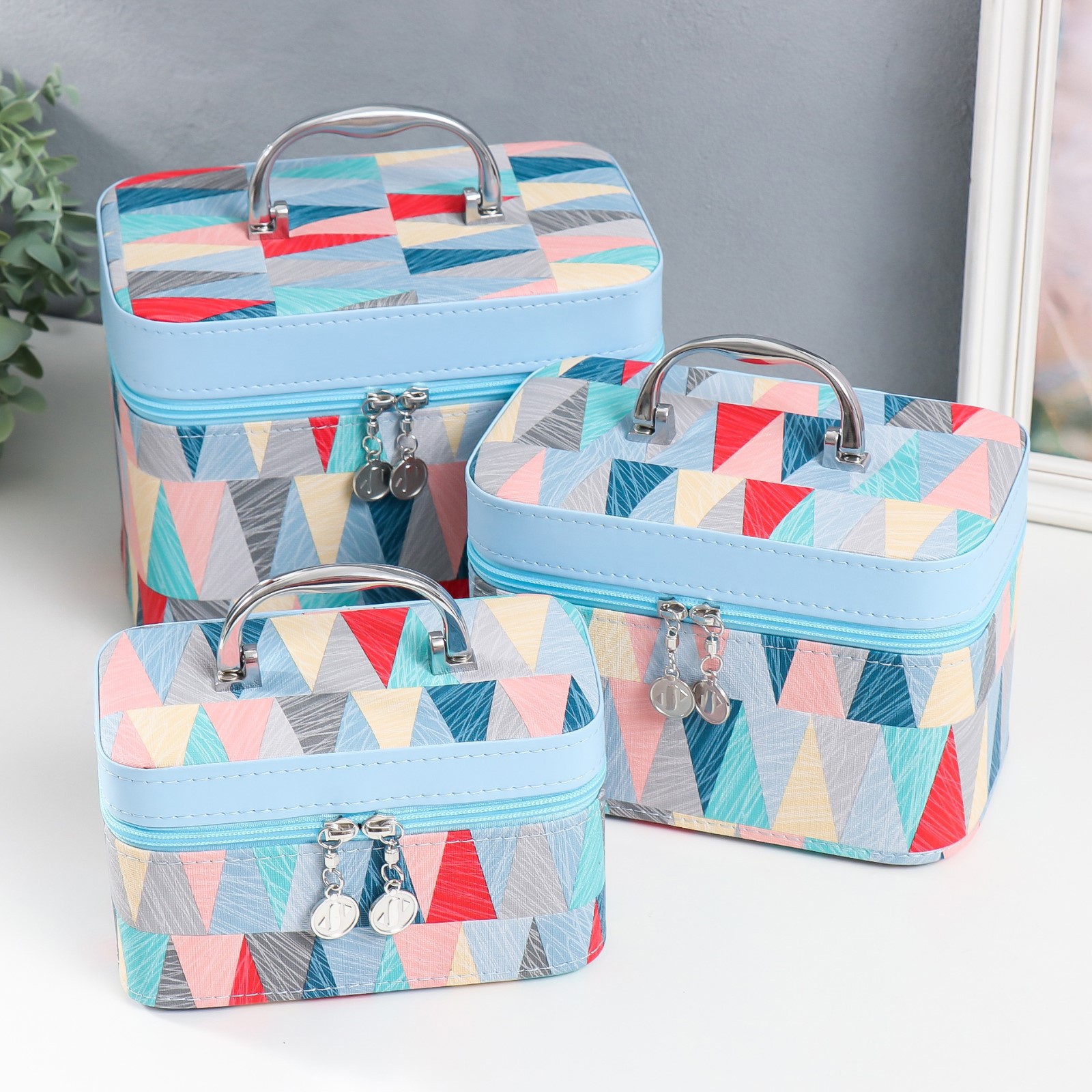 Изображение товара Шкатулка с зеркалом «Треугольники Небо» набор 3 шт, 18x10x12,5 — 23x15x18,5 см