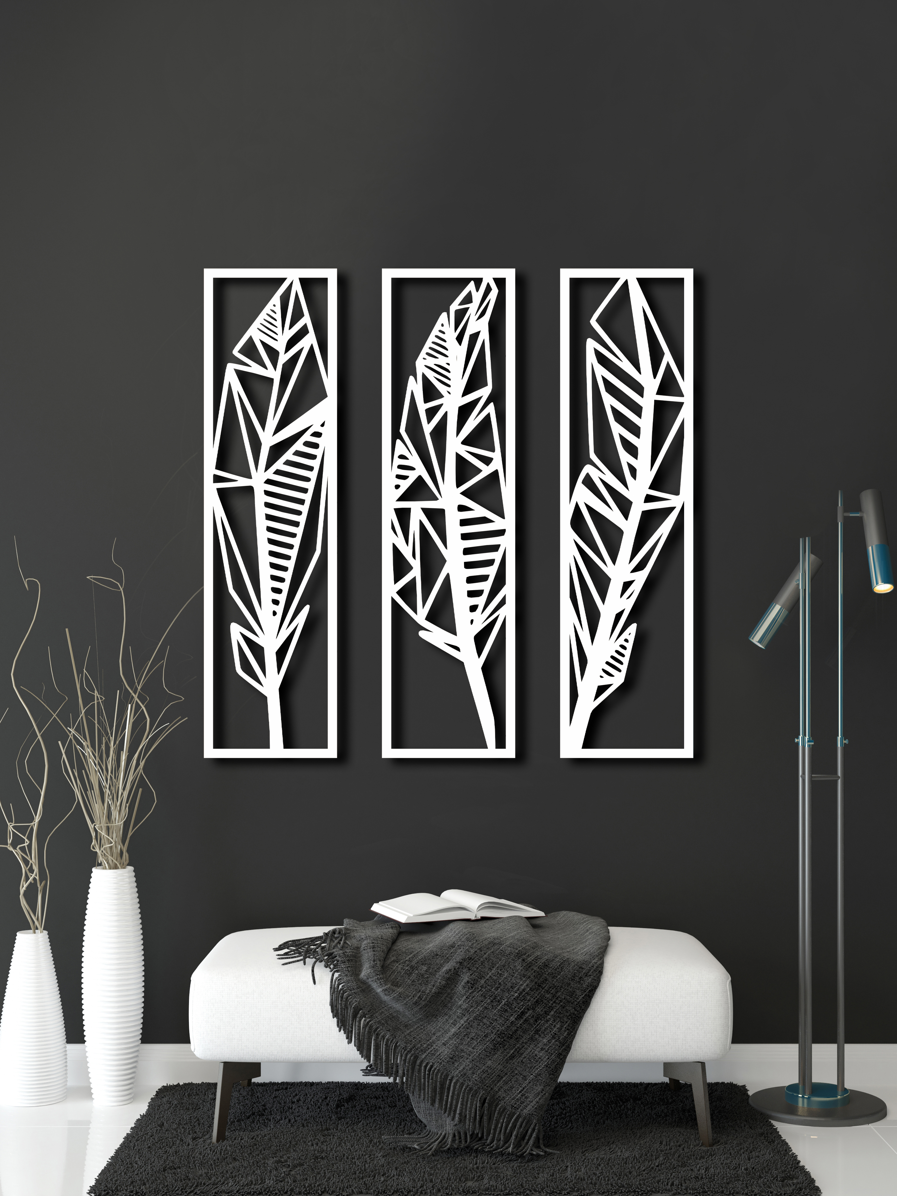 Изображение товара ArtCore Панно Перья 90x33 см белое из березовой фанеры