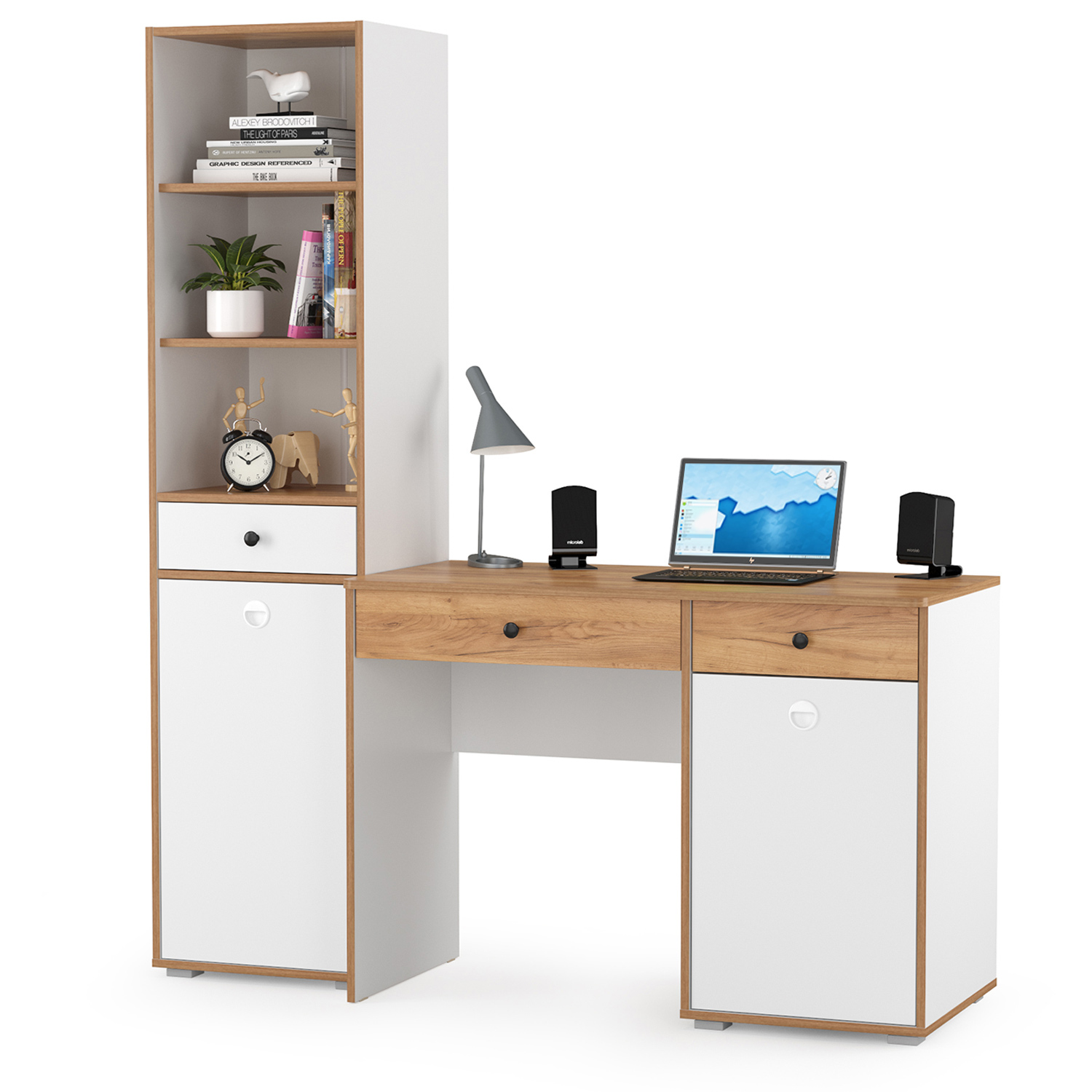 Изображение товара Компьютерный стол Моби 1024087 155x180x53 см ЛДСП цвет белый/дуб крафт золотой