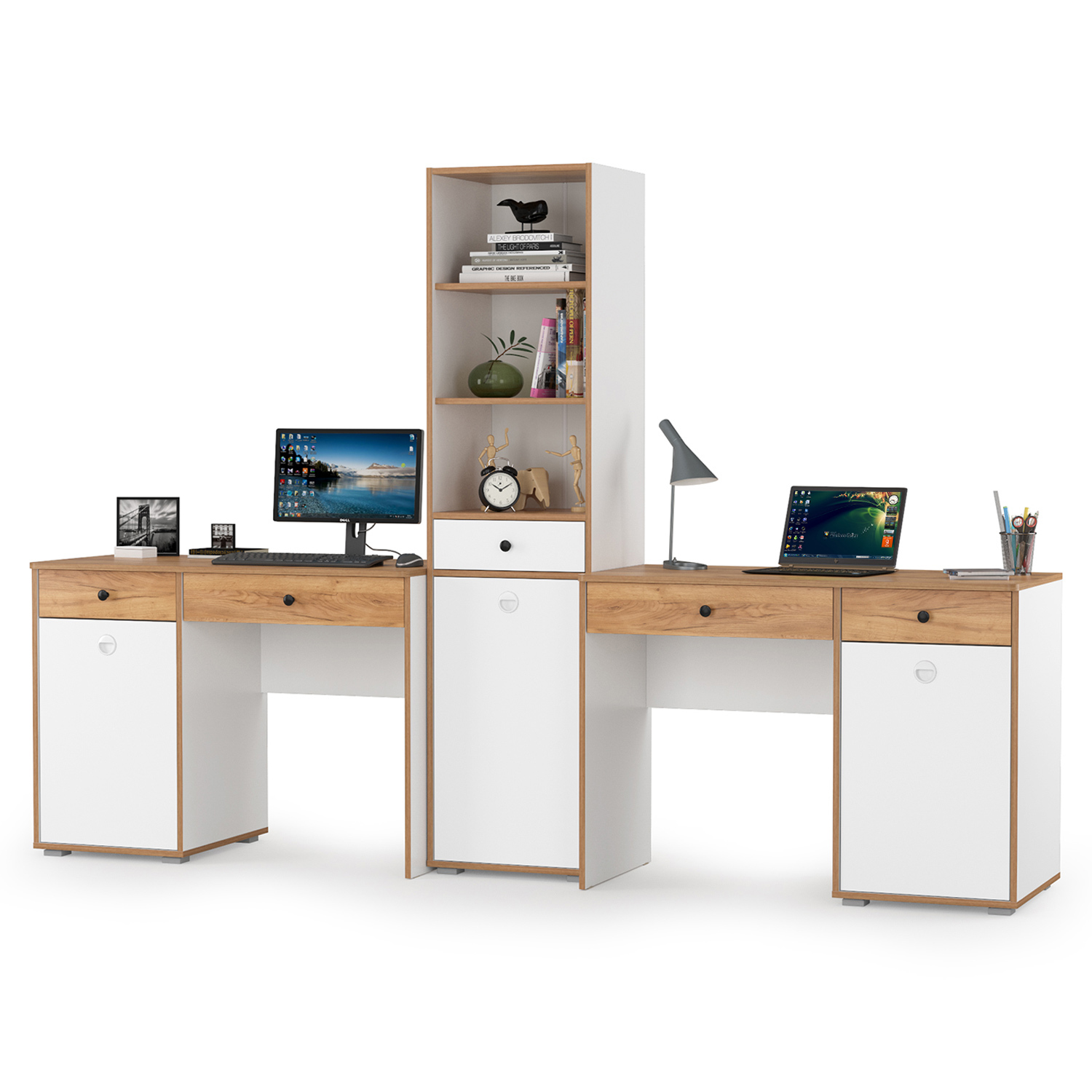 Изображение товара Компьютерный стол Моби 1024091 265x180x53 см ЛДСП белый дуб крафт золотой офисный для детей