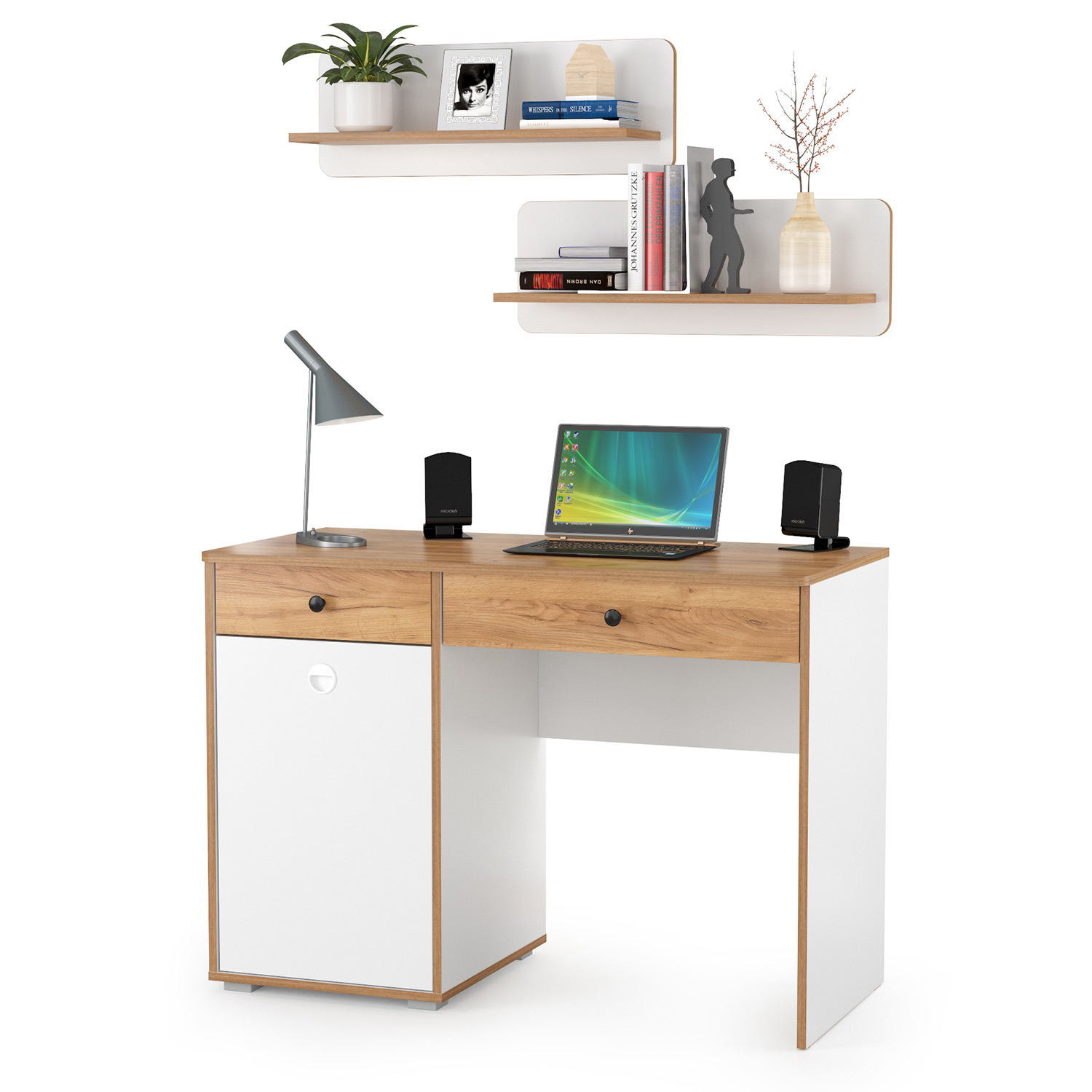 Изображение товара Компьютерный стол Моби Вуди 1024080 110x180x53 см ЛДСП белый дуб крафт золотой