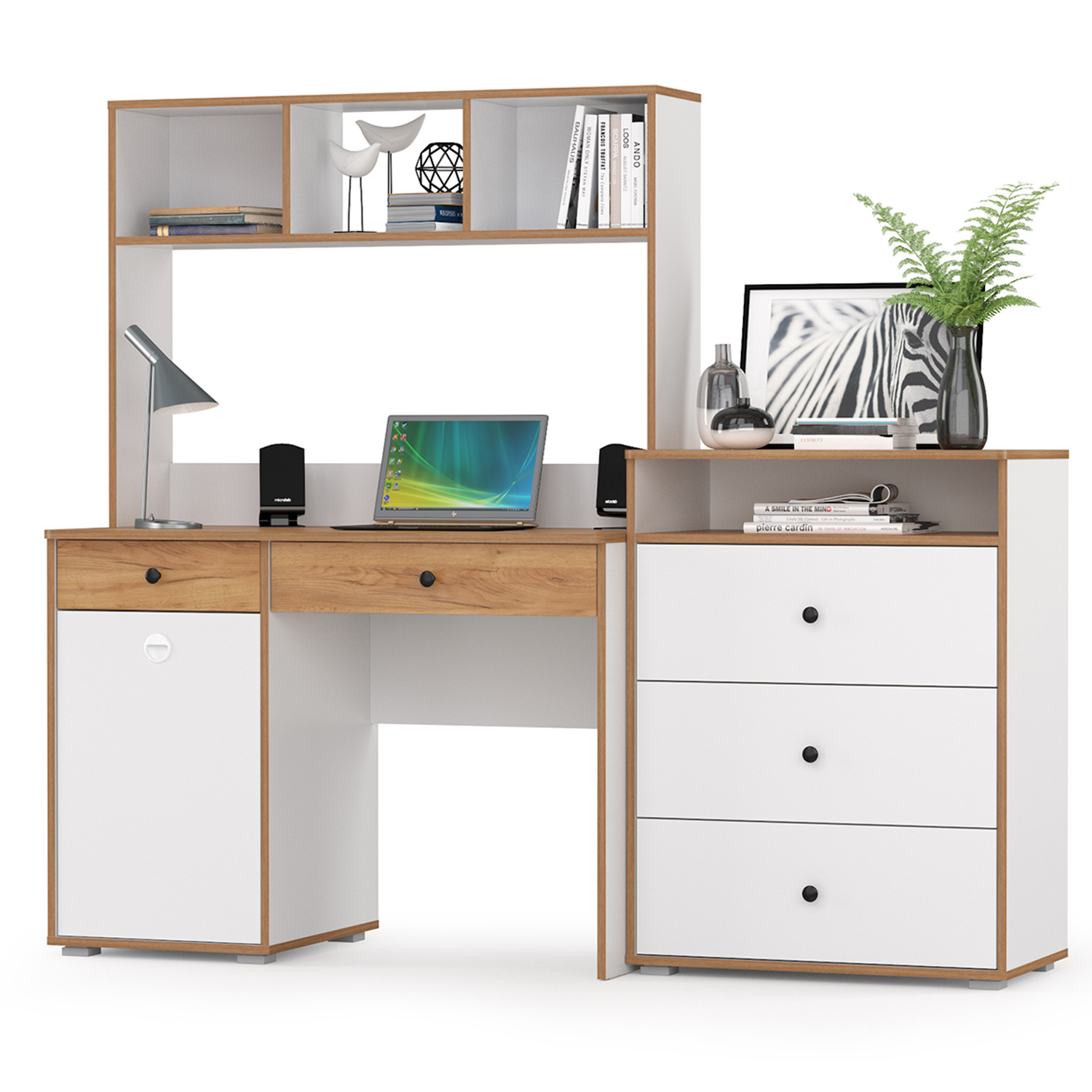 Изображение товара Компьютерный стол Моби Вуди 1024133 180x159x53 см ЛДСП белый дуб крафт золотой