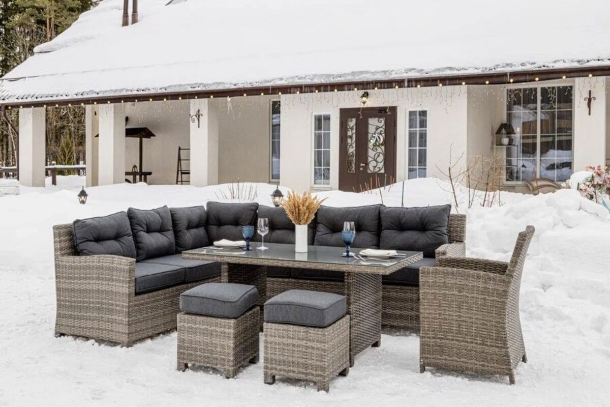 Изображение товара Садовая мебель для отдыха Royal family genry искусственный ротанг серый:стол, диван, кресло, 2 пуфа