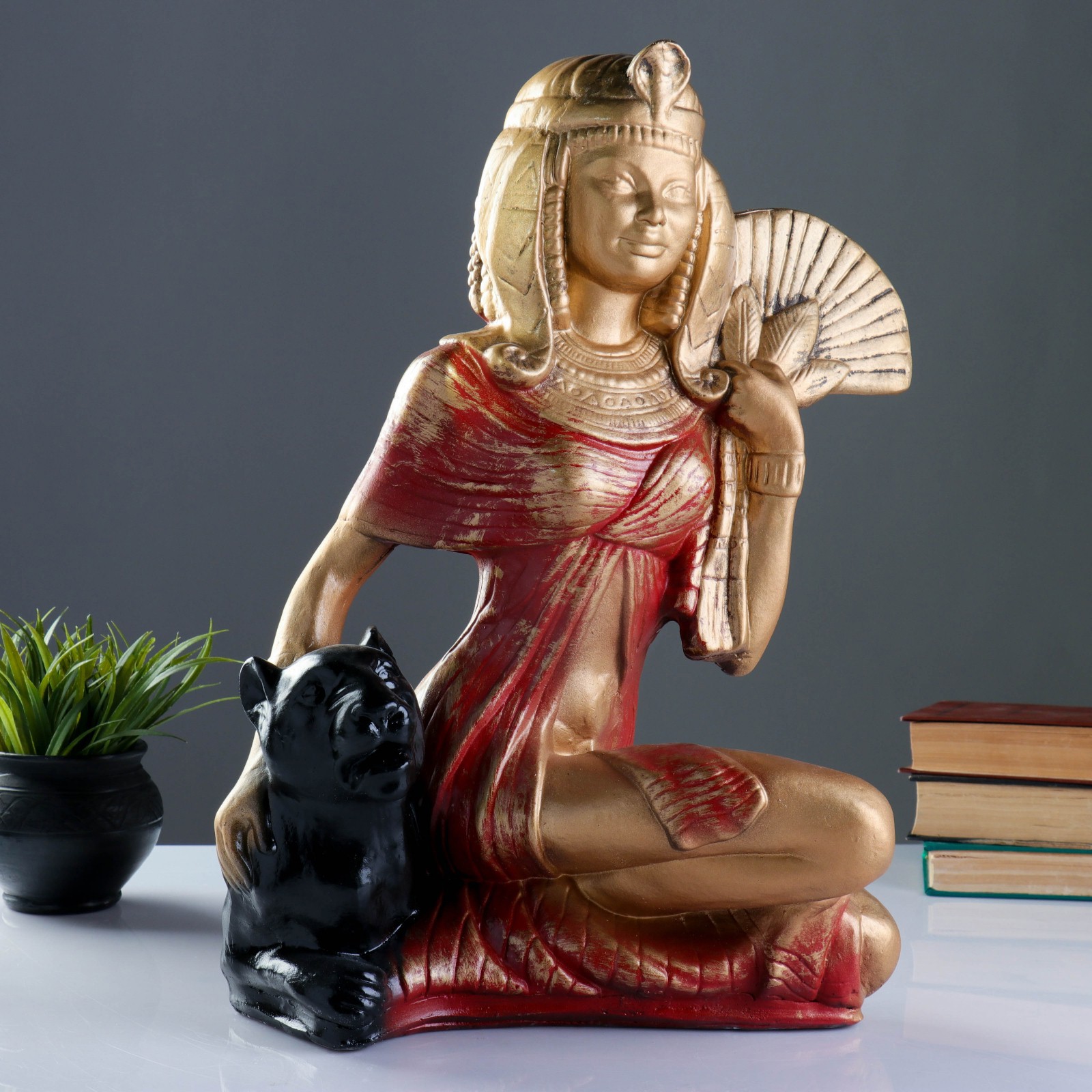 Изображение товара Фигура Клеопатра с пантерой сидя большая бронза/красный