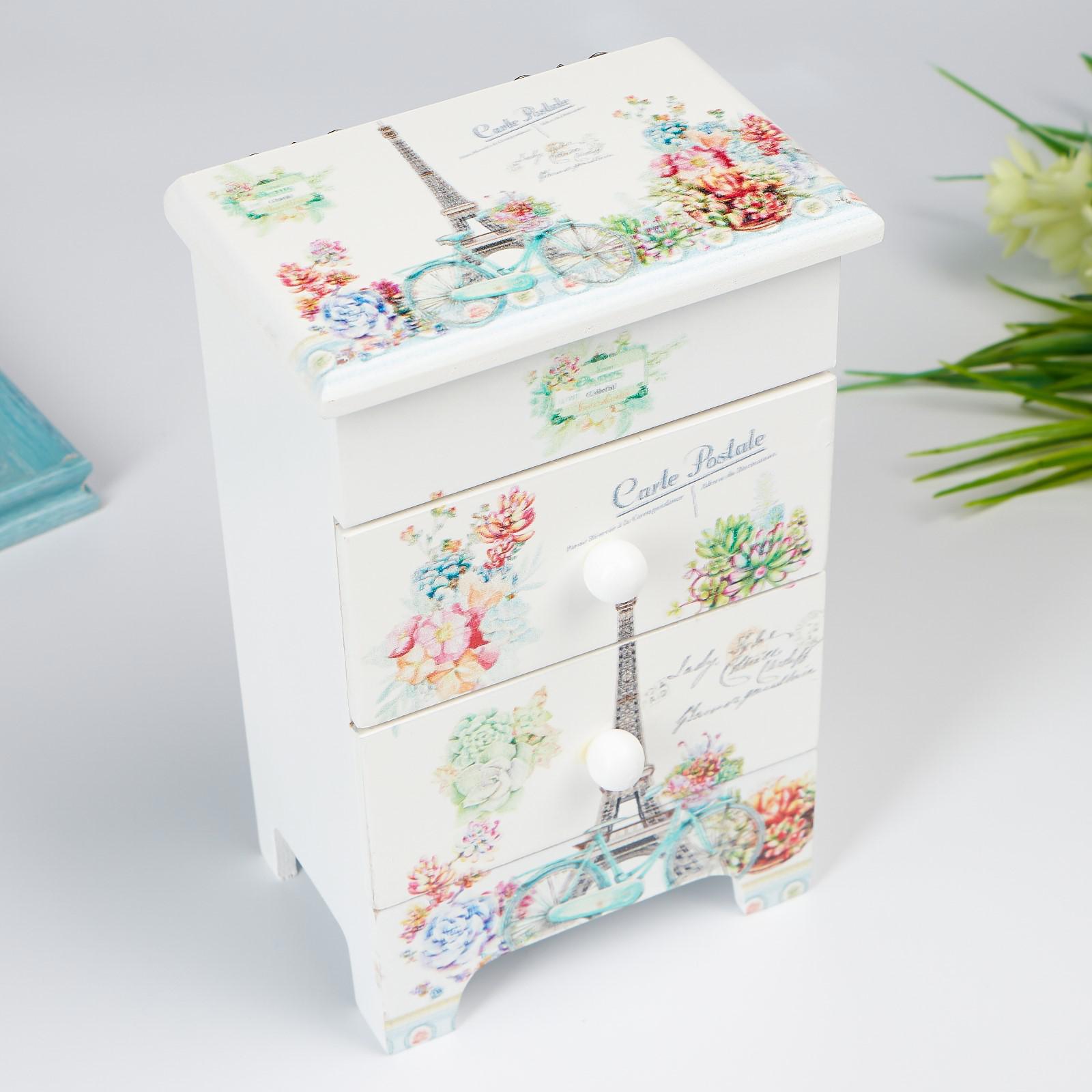 Изображение товара Шкатулка-комод универсальная 2 ящика "Эйфелева башня и суккуленты" 18.5x7.5x11.8 см
