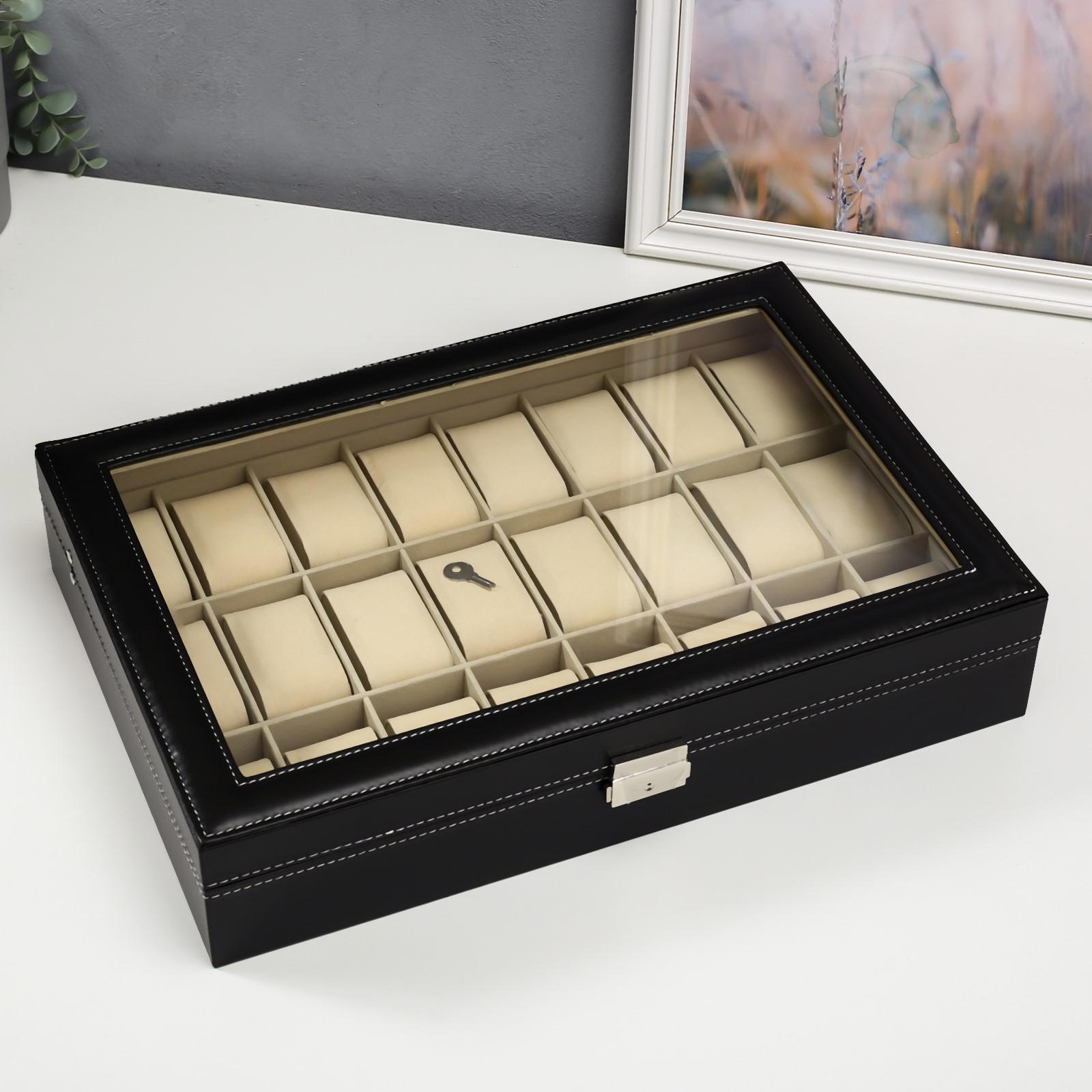 Изображение товара Шкатулка Simaland под часы 24 отделения, черная с белой строчкой