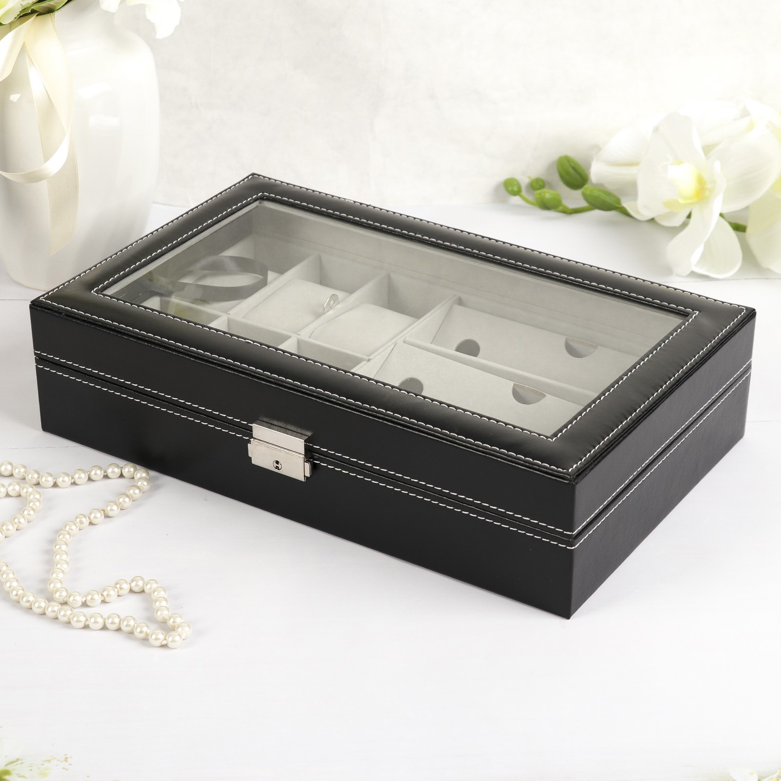 Изображение товара Шкатулка под часы Simaland 6 отделений и очки 3 отделения Белая строчка на чёрном 8x33x20.3 см