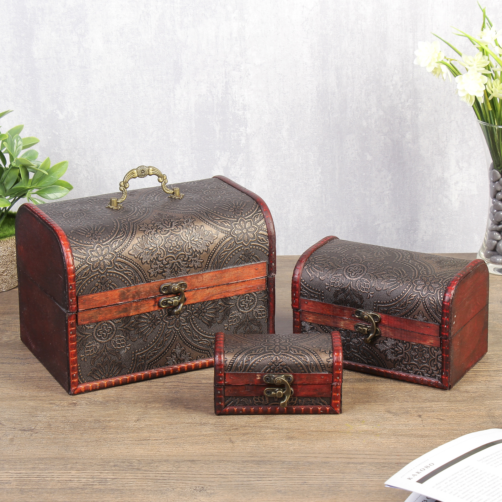 Изображение товара Шкатулка универсальная Simaland Золотой орнамент набор 3 шт 7.5x12x6.5 11.5x17x10.5 16.5x22.5x15.5 см