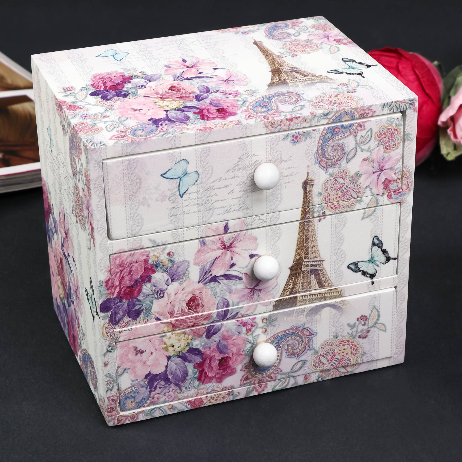 Изображение товара Шкатулка универсальная Simaland Эйфелева башня и букет цветов 14.8x15.6x11.6 см