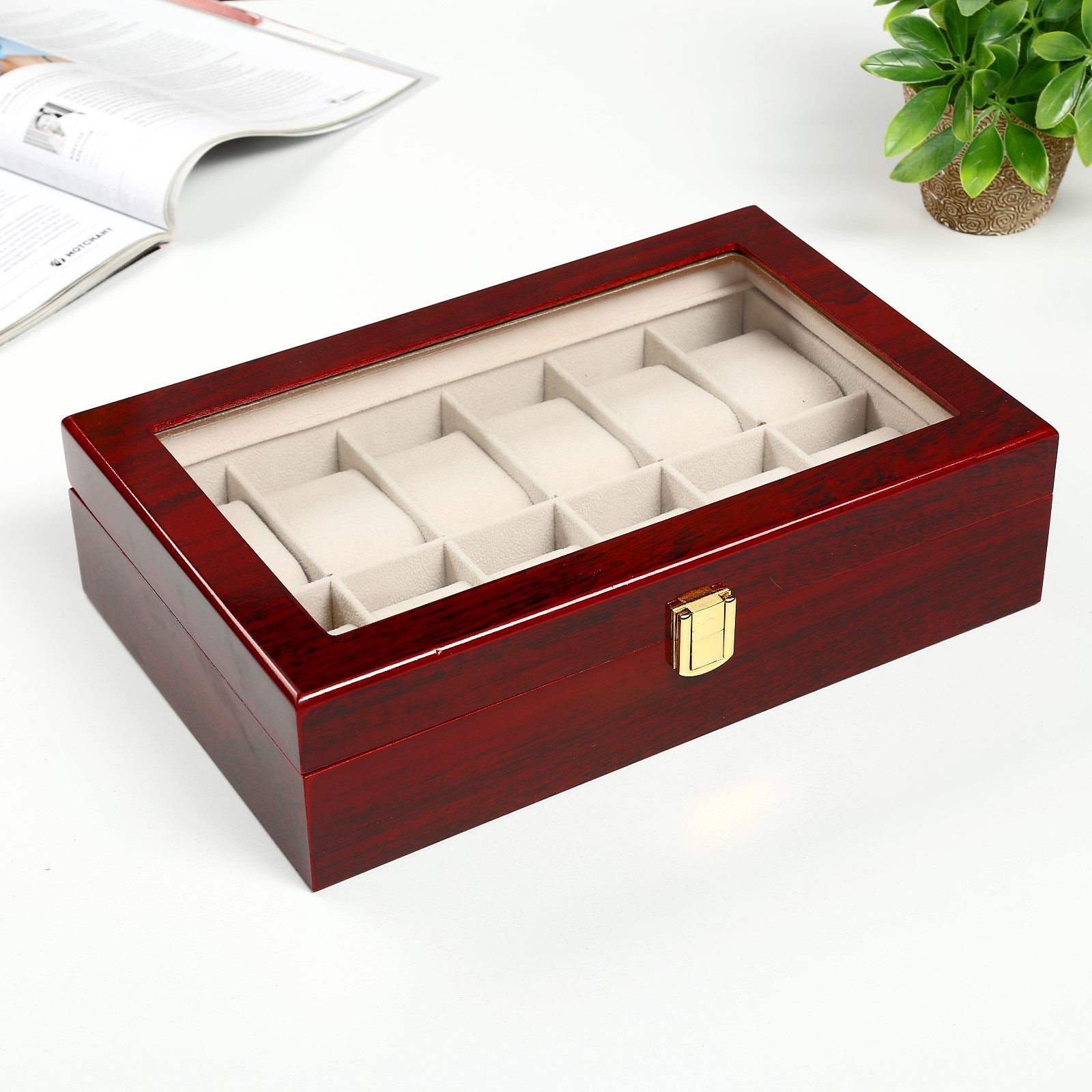 Изображение товара Шкатулка под часы Simaland 12 отделений Красно-коричневая 8.3x31x20 см