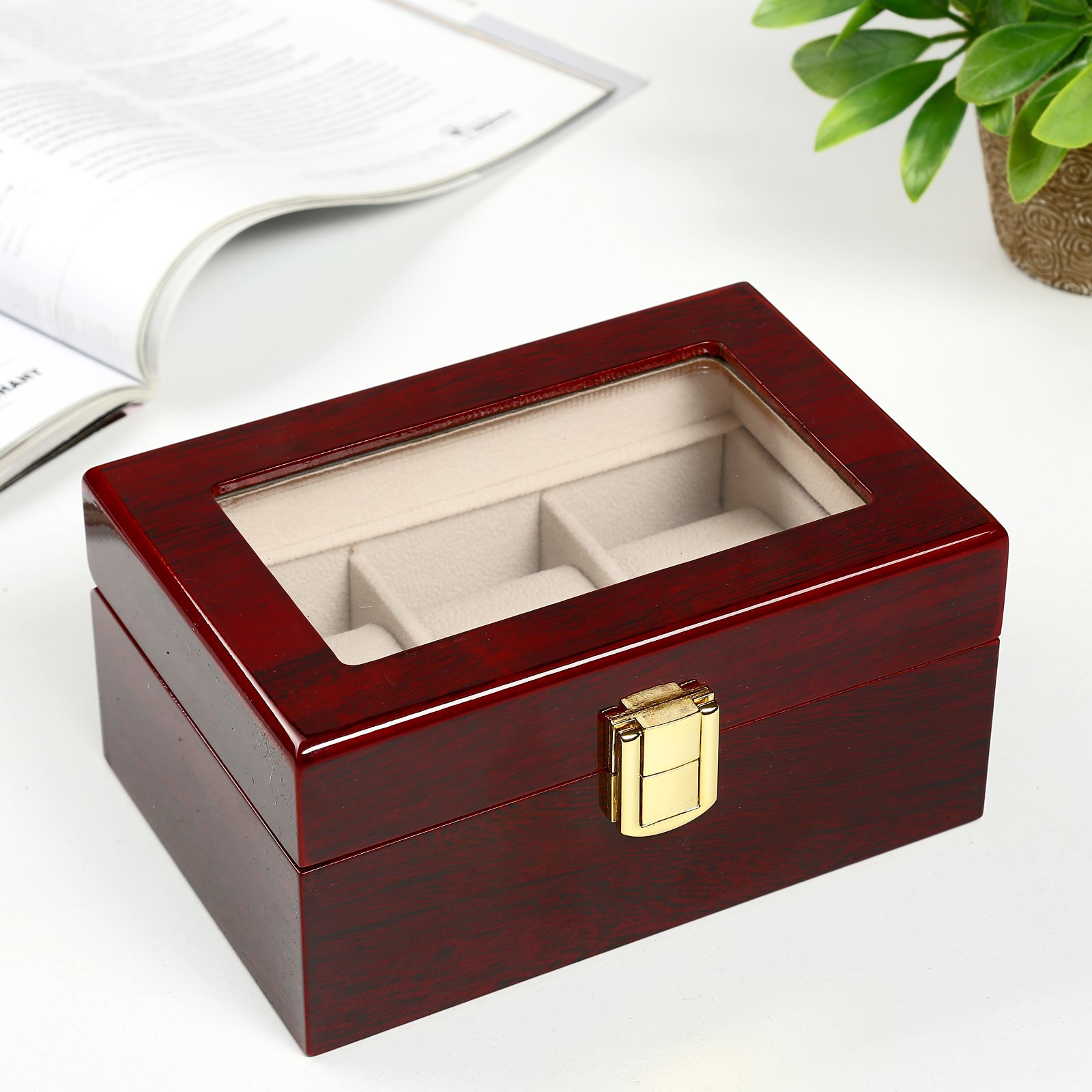 Изображение товара Шкатулка под часы Simaland 3 отделения Красно-коричневая 8x16.5x11 см