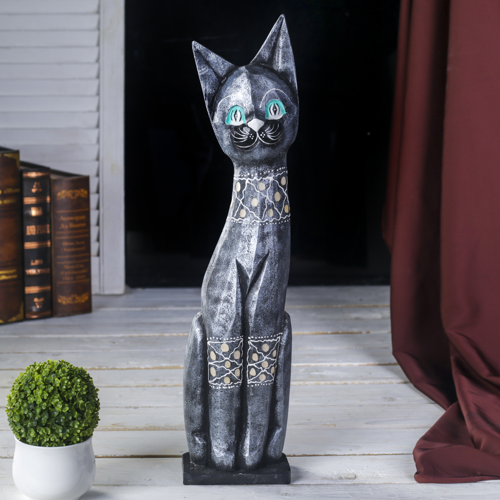 Изображение товара Кошка металлик с узором — декоративная фигура из дерева 8x14x50 см