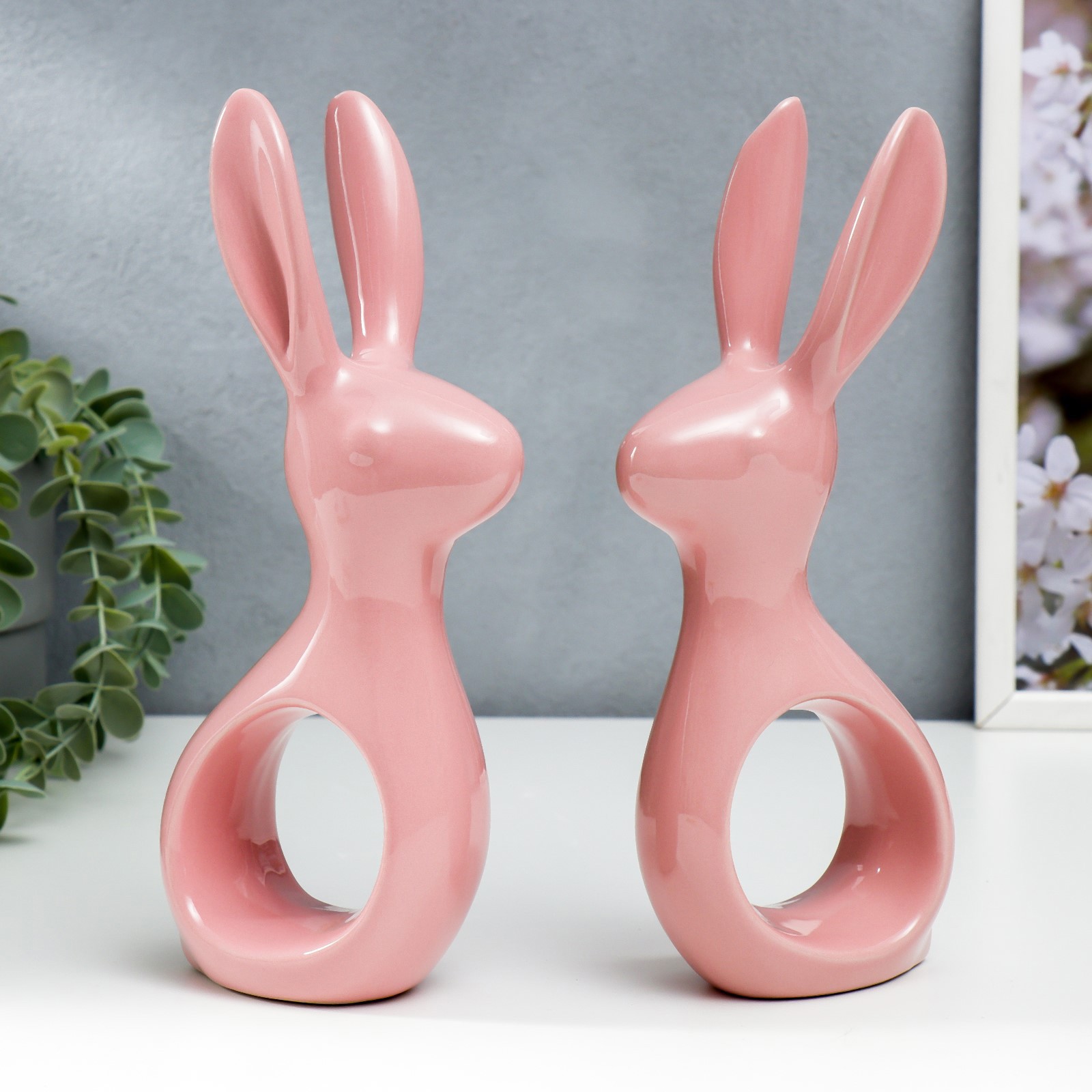 Изображение товара Сувенир Simaland Зайчики розовый набор 2 шт 24,5x10 см