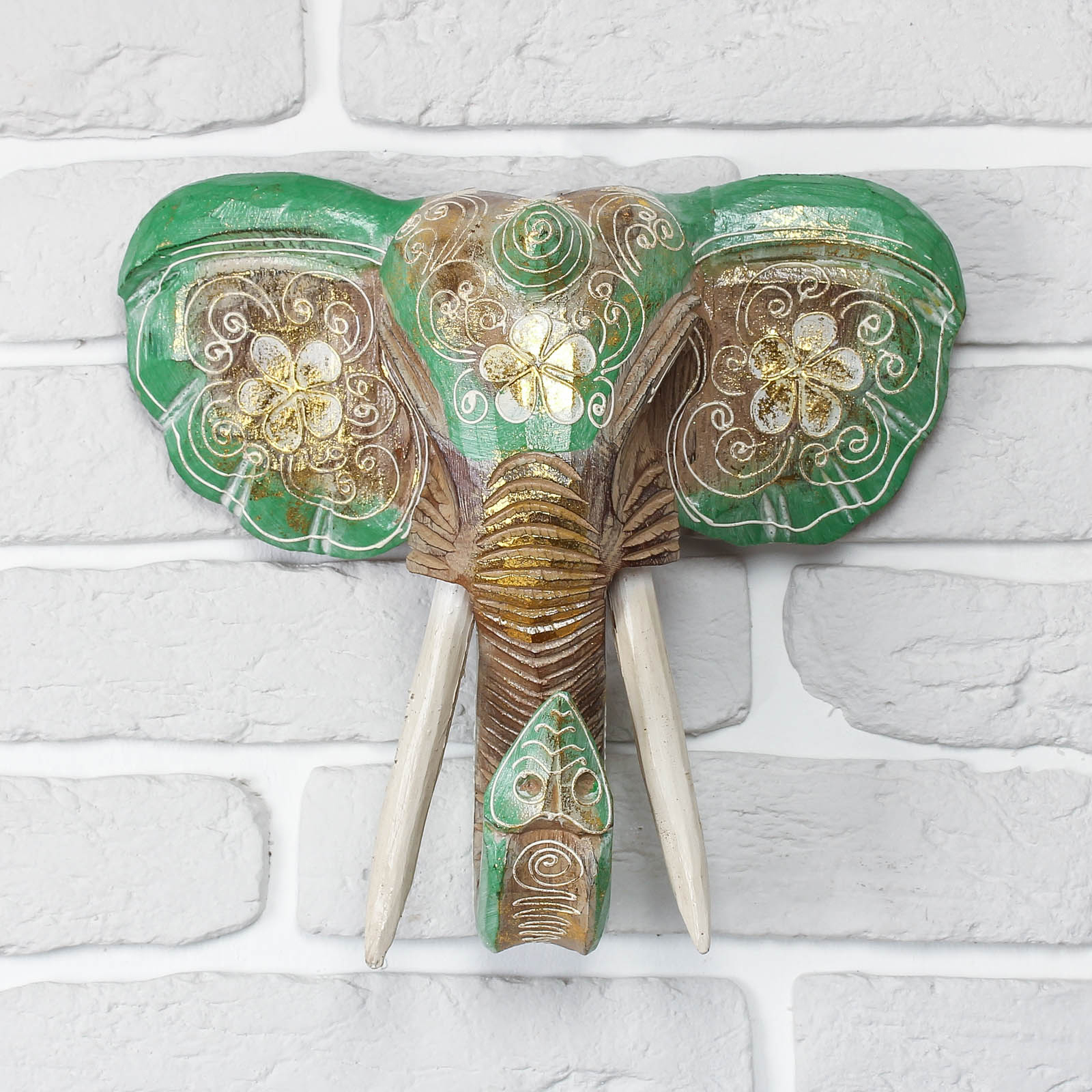 Изображение товара Панно Го́лова слона зелёная из дерева, 28x26x10,5 см — ручная работа