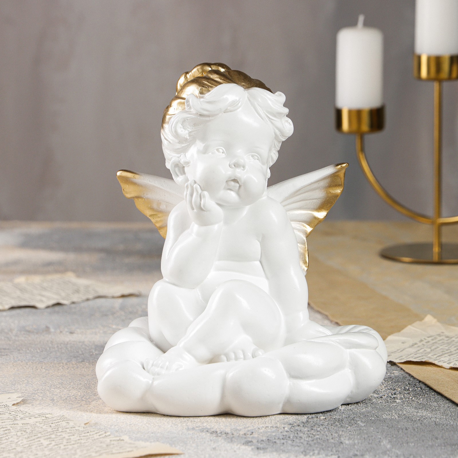 Изображение товара Статуэтка "Ангел мечтающий" золотистый цвет 22 см