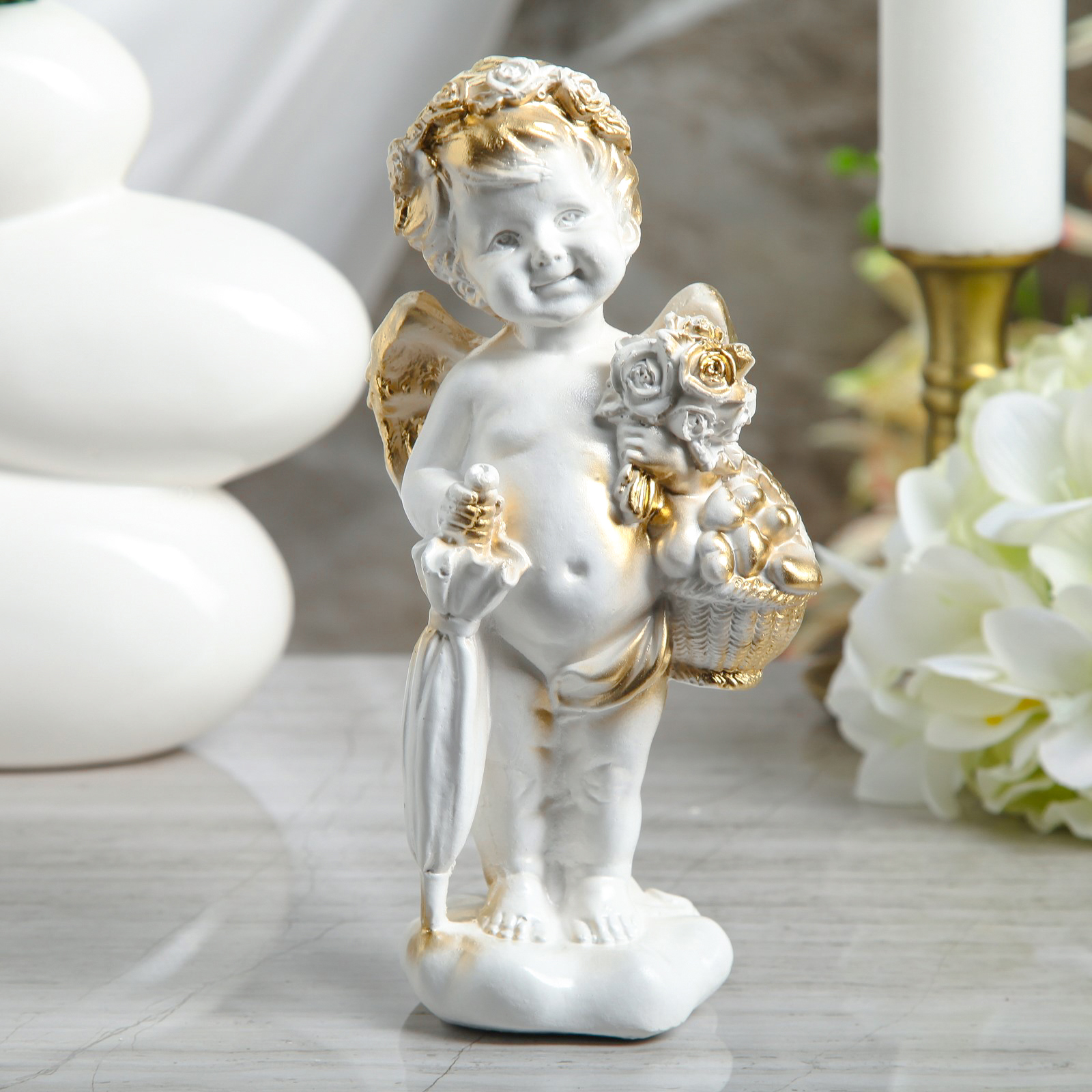 Изображение товара Амур с зонтиком — декоративная фигурка из гипса 22 см PREMIUM GIPS
