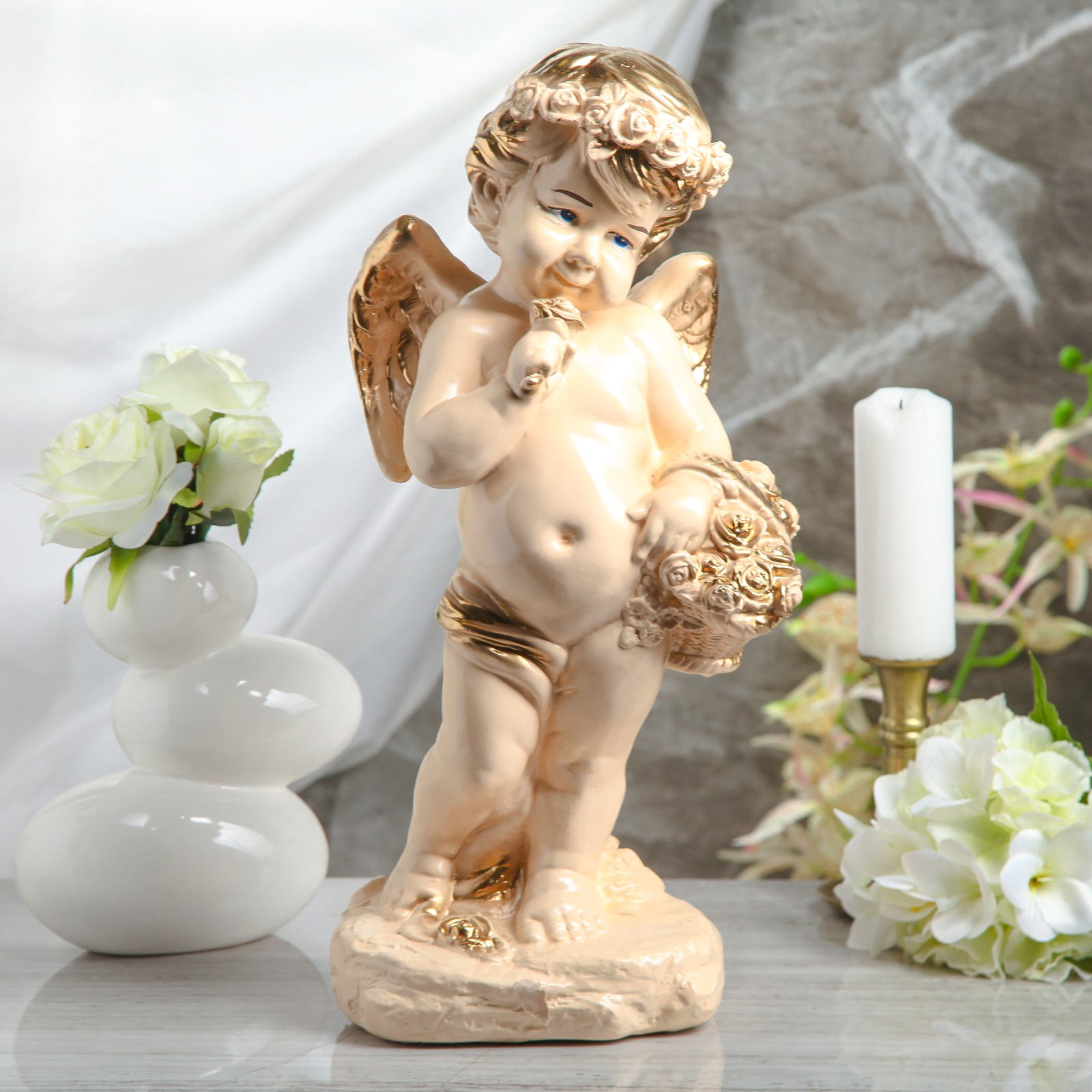 Изображение товара Статуэтка "Ангел с корзиной" бежевая 47 см