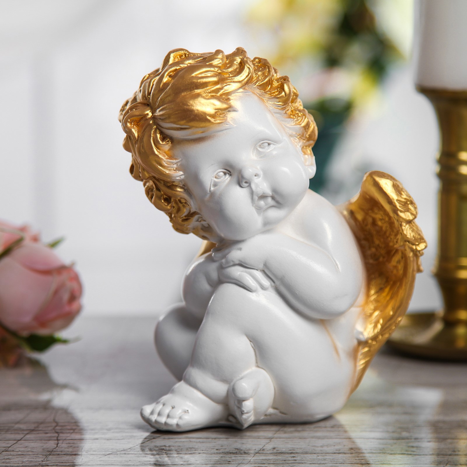 Изображение товара Сувенир "Ангел сидячий", белая с золотом, гипс, 17 см