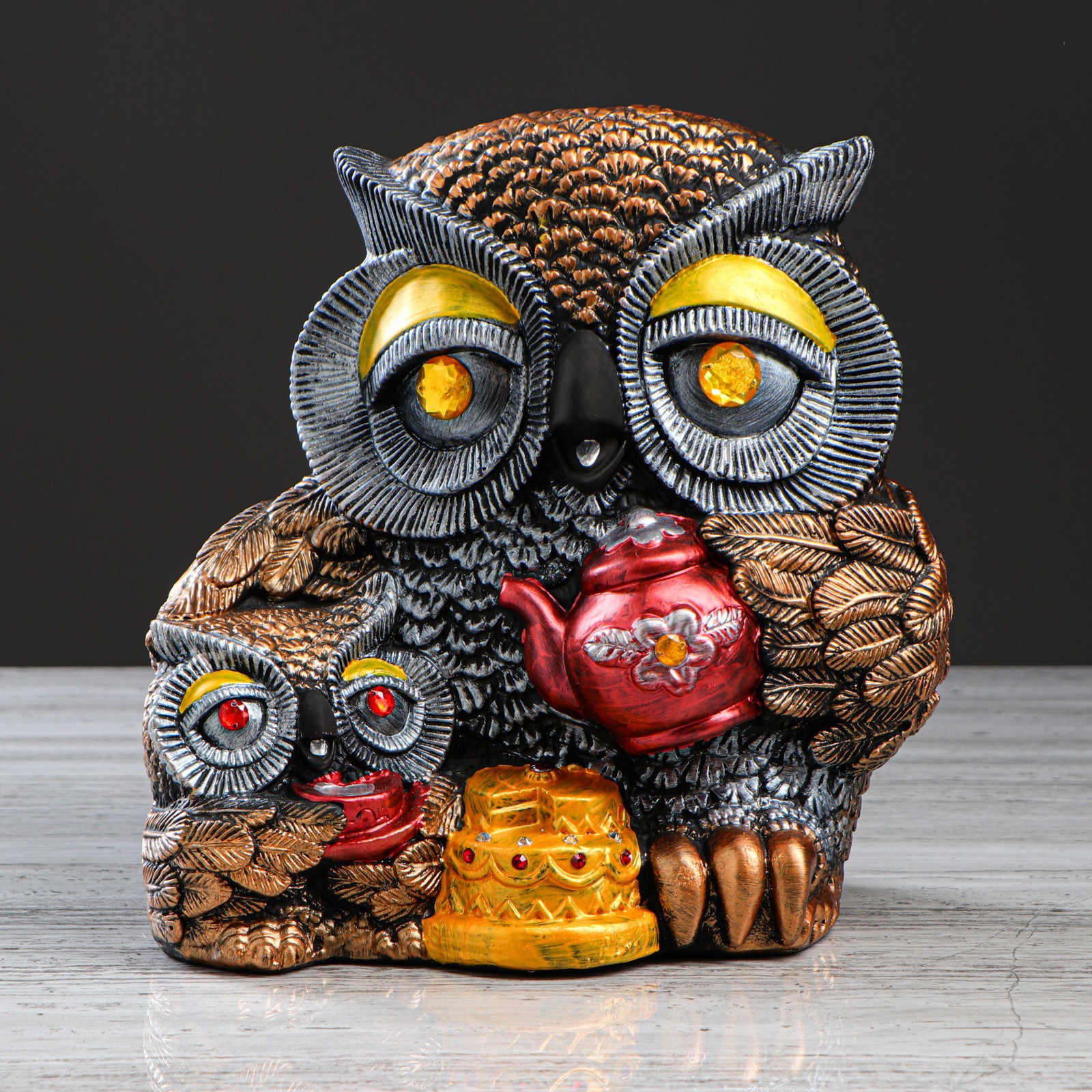 Изображение товара Копилка "Сова-мама с чайником" бронзовый цвет, цветная, 28 см