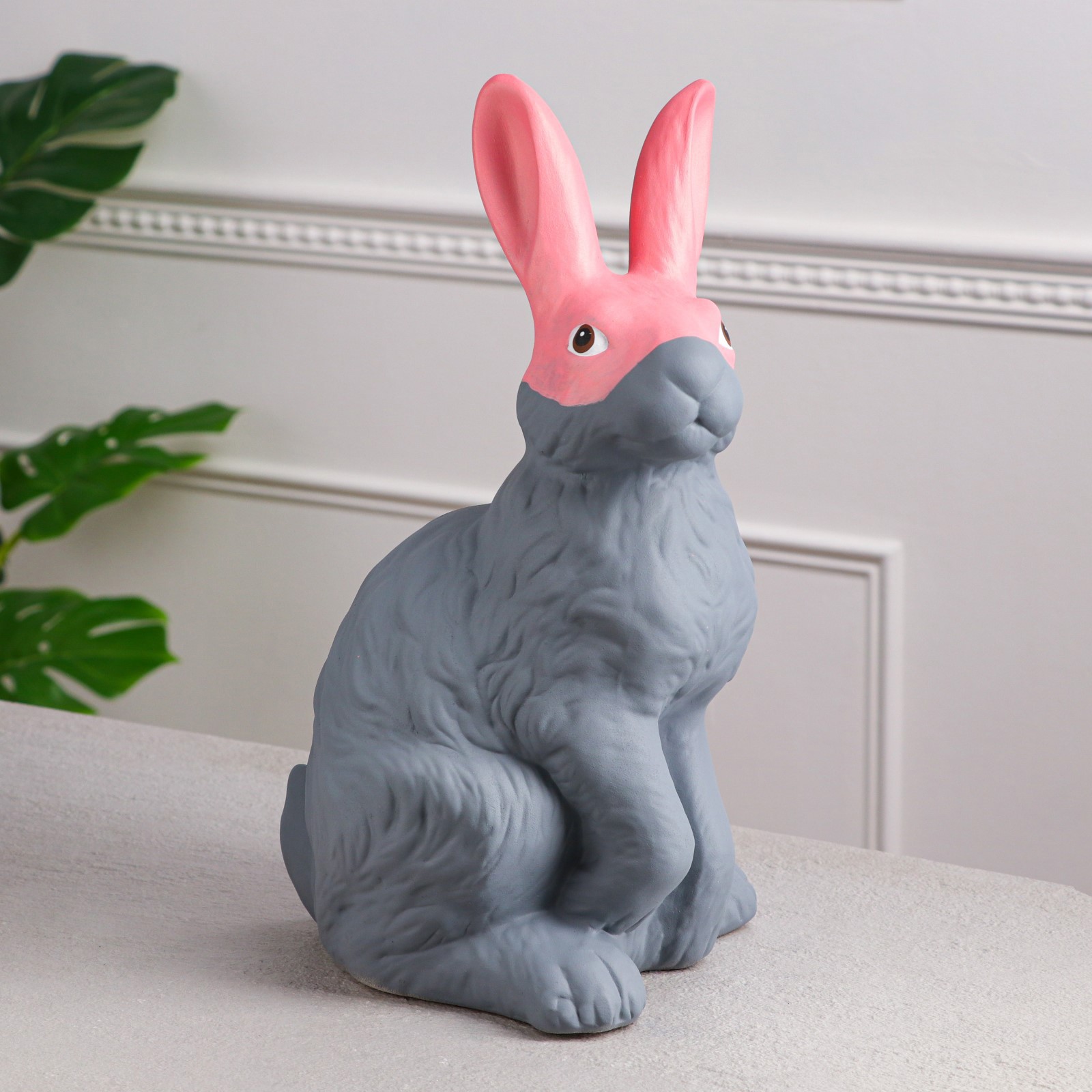 Изображение товара Копилка "Зайчик в розовой маске" серая, керамика, 40 см