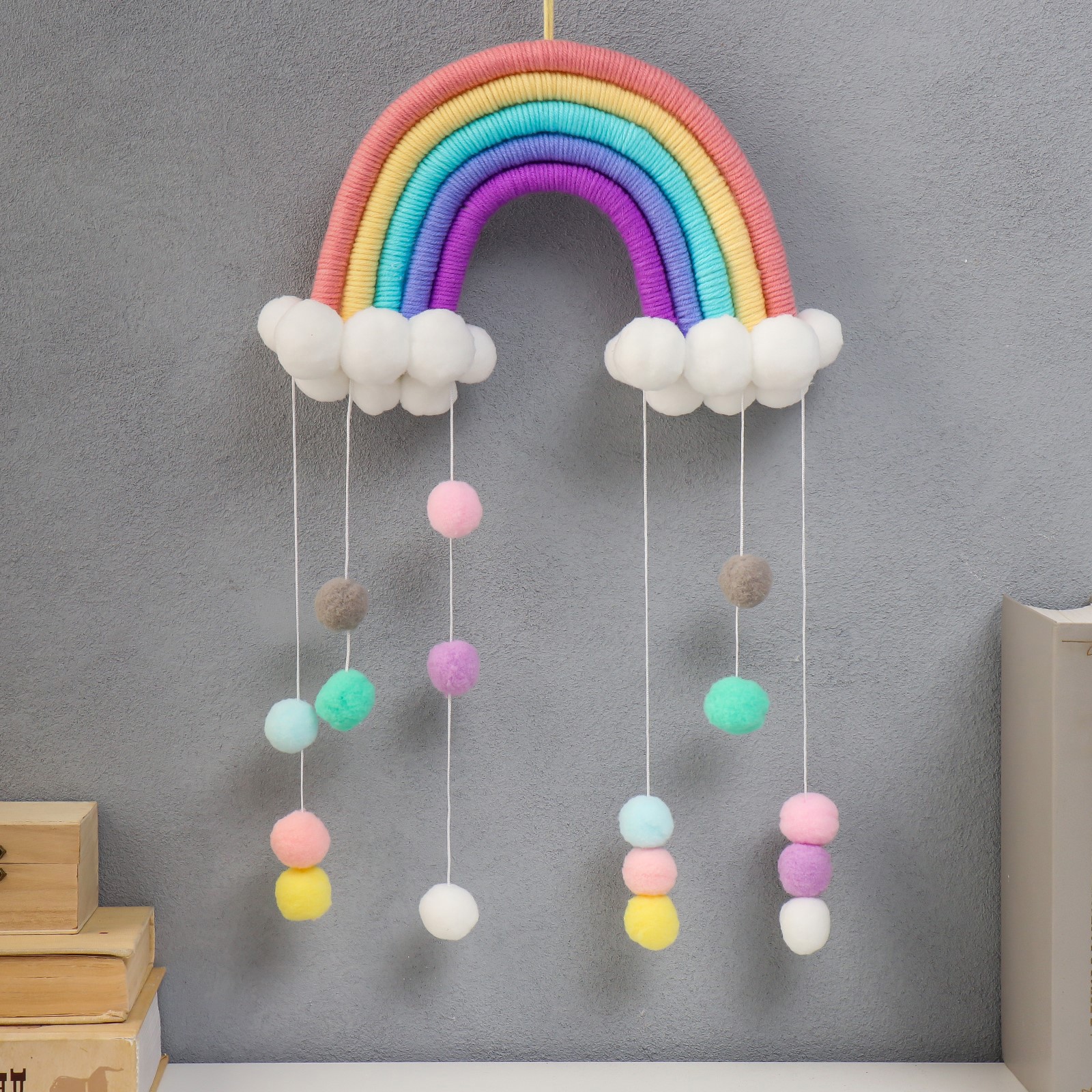 Изображение товара Панно настенное текстиль "Радуга и дождик" пастельные оттенки 50x25 см