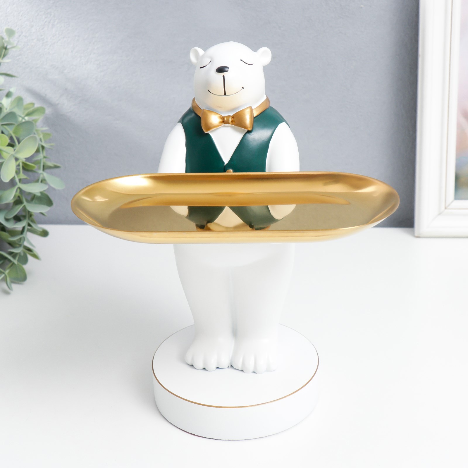 Изображение товара Подставка интерьерная Белый мишка в зелёной жилетке, золотой бабочке 25.5x14.5x18 см 76752