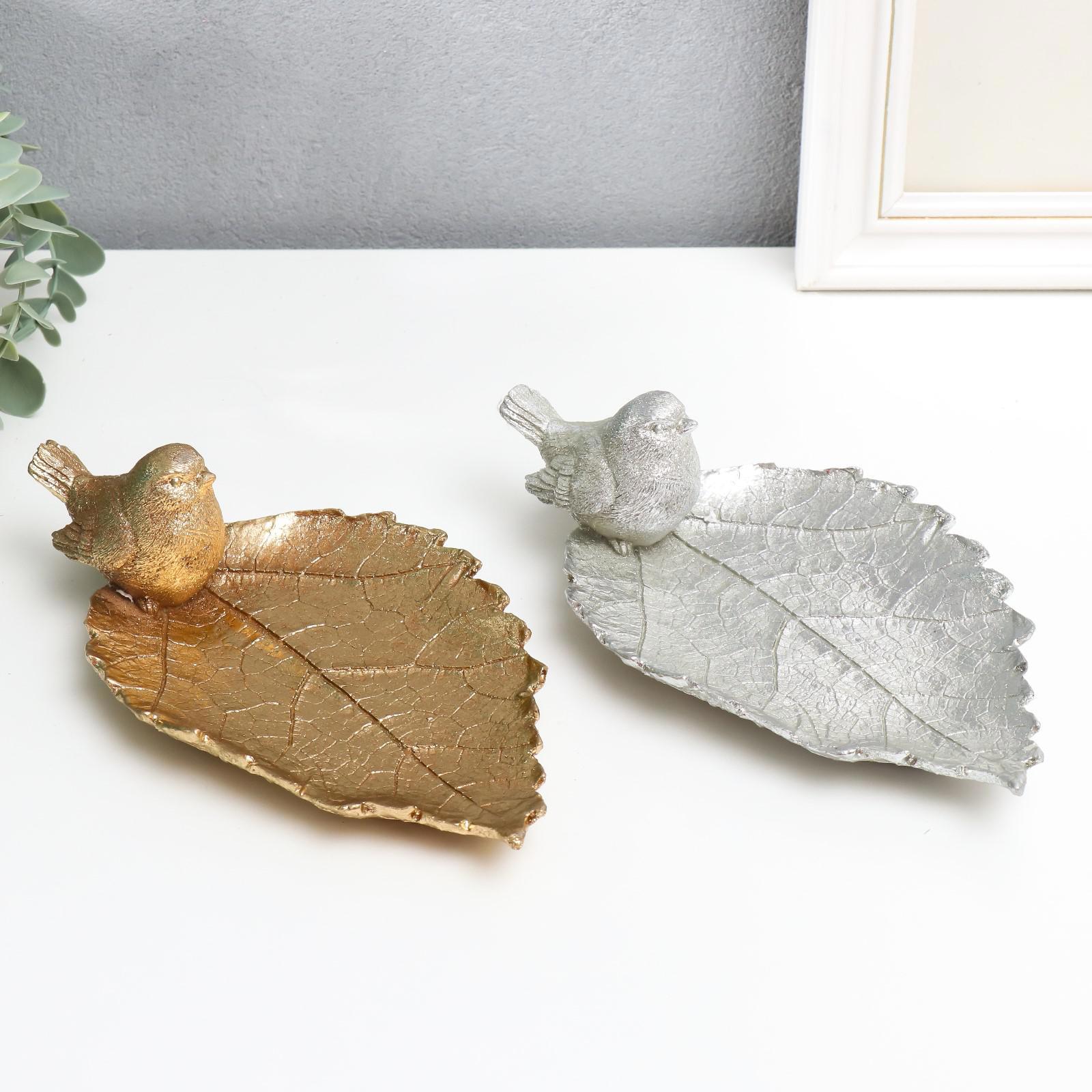 Изображение товара Подставка интерьерная Воробей на листочке — золото/серебро, 6,5x21x12 см