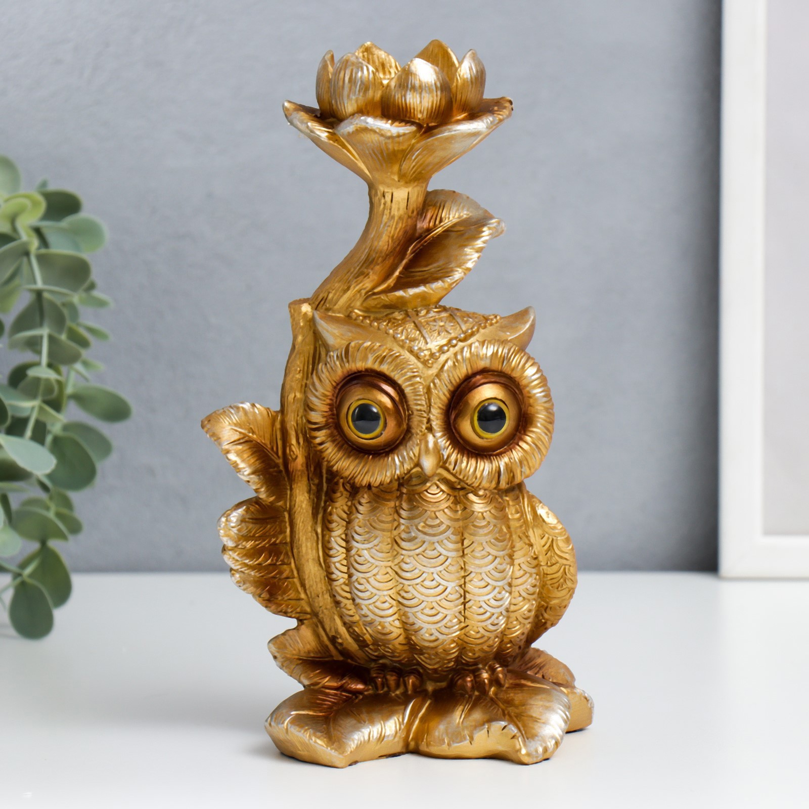 Изображение товара Подставка интерьерная Филин Генрих пучеглазый с цветком бронза 21x8.5x12 см