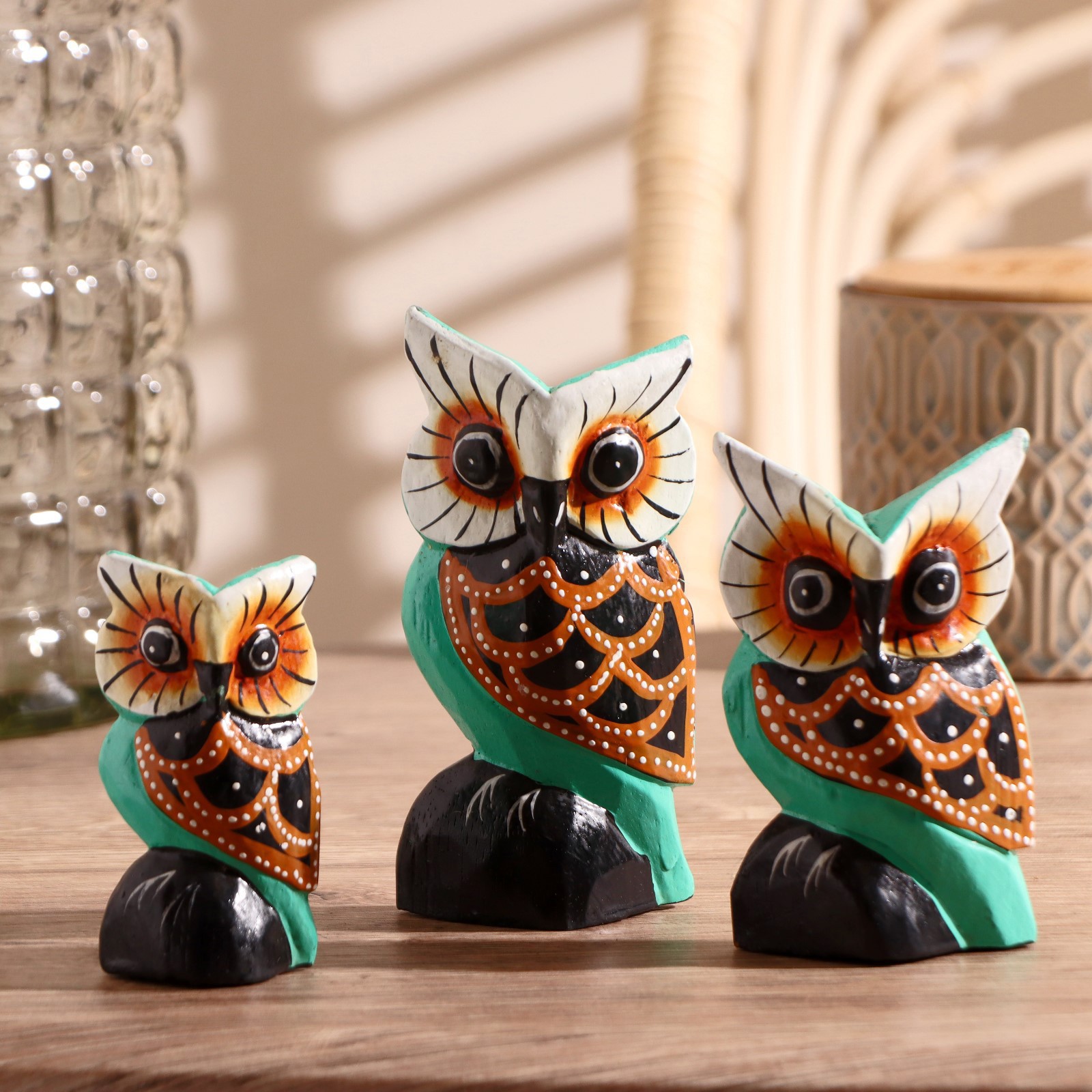 Изображение товара Набор интерьерных сувениров 3 шт Разноцветные совы(высота 8.10.12) 9x5x12 см зеленые