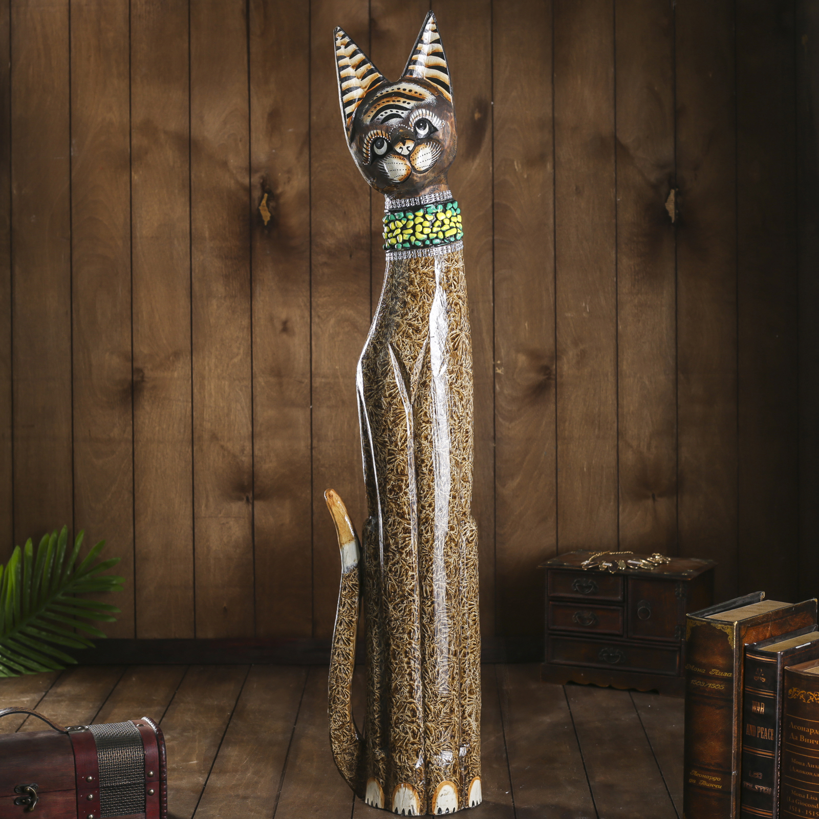 Изображение товара Сувенир интерьерный кошка в зелёном ошейнике со стразами 100x16x7 см