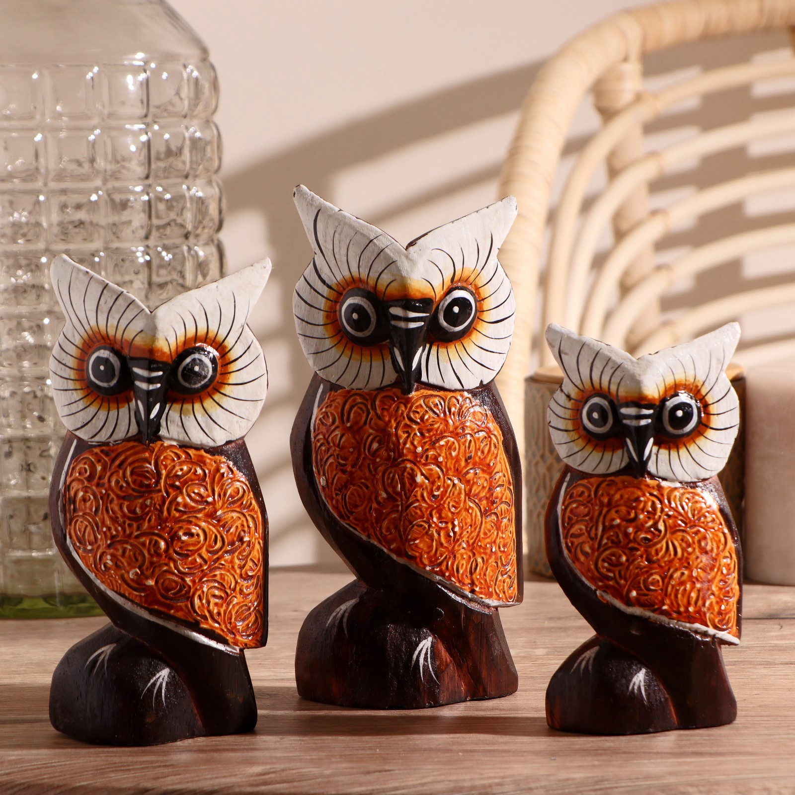 Изображение товара Набор интерьерных сувениров 3 шт Семейка полярных сов высота 15.18.20 см